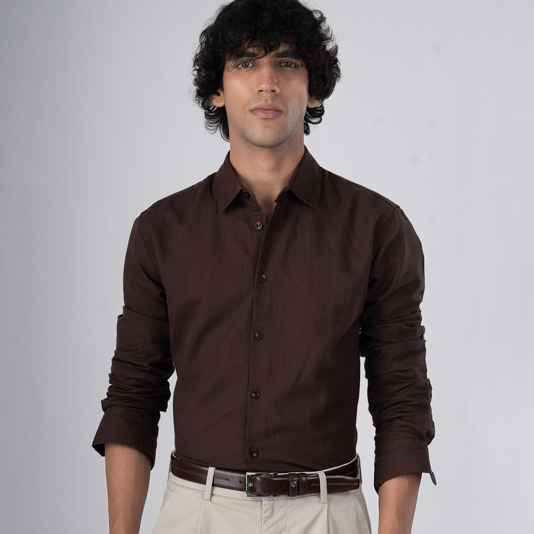 Classic Fused Linen Shirt In Brown