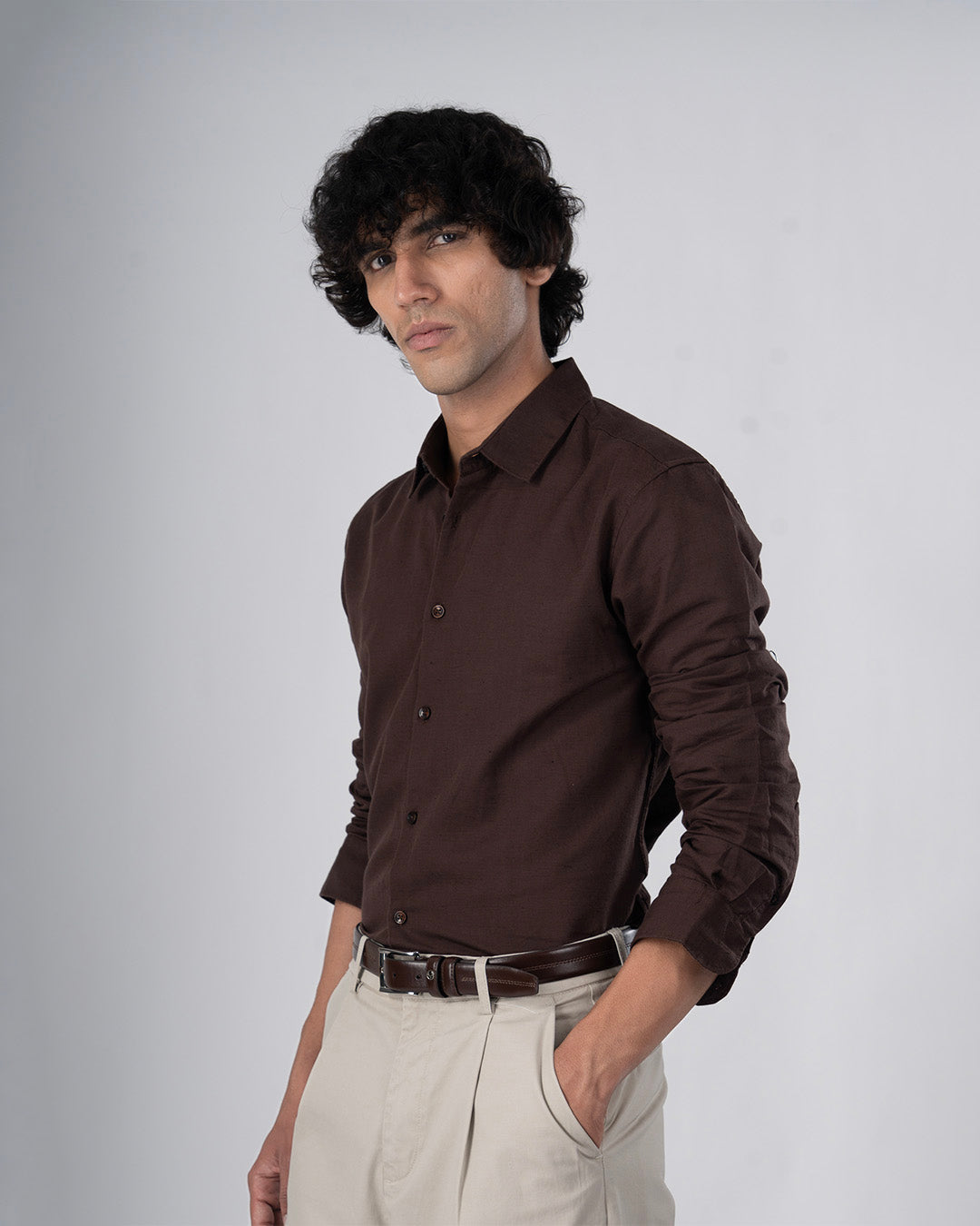 Classic Fused Linen Shirt In Brown