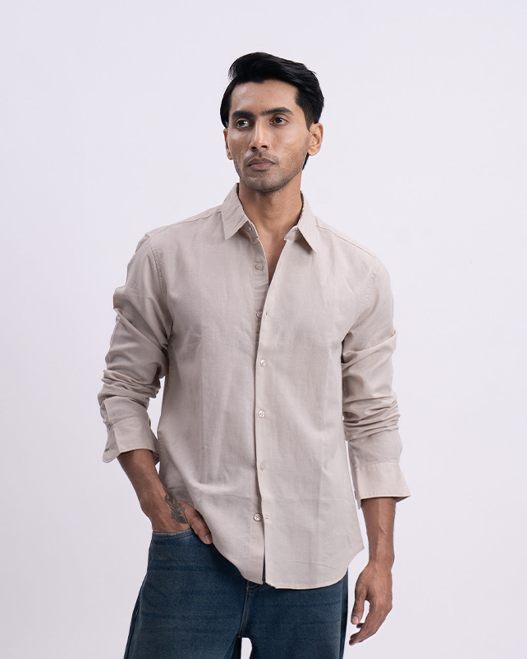 Fused Linen Tailored Shirt In Cream