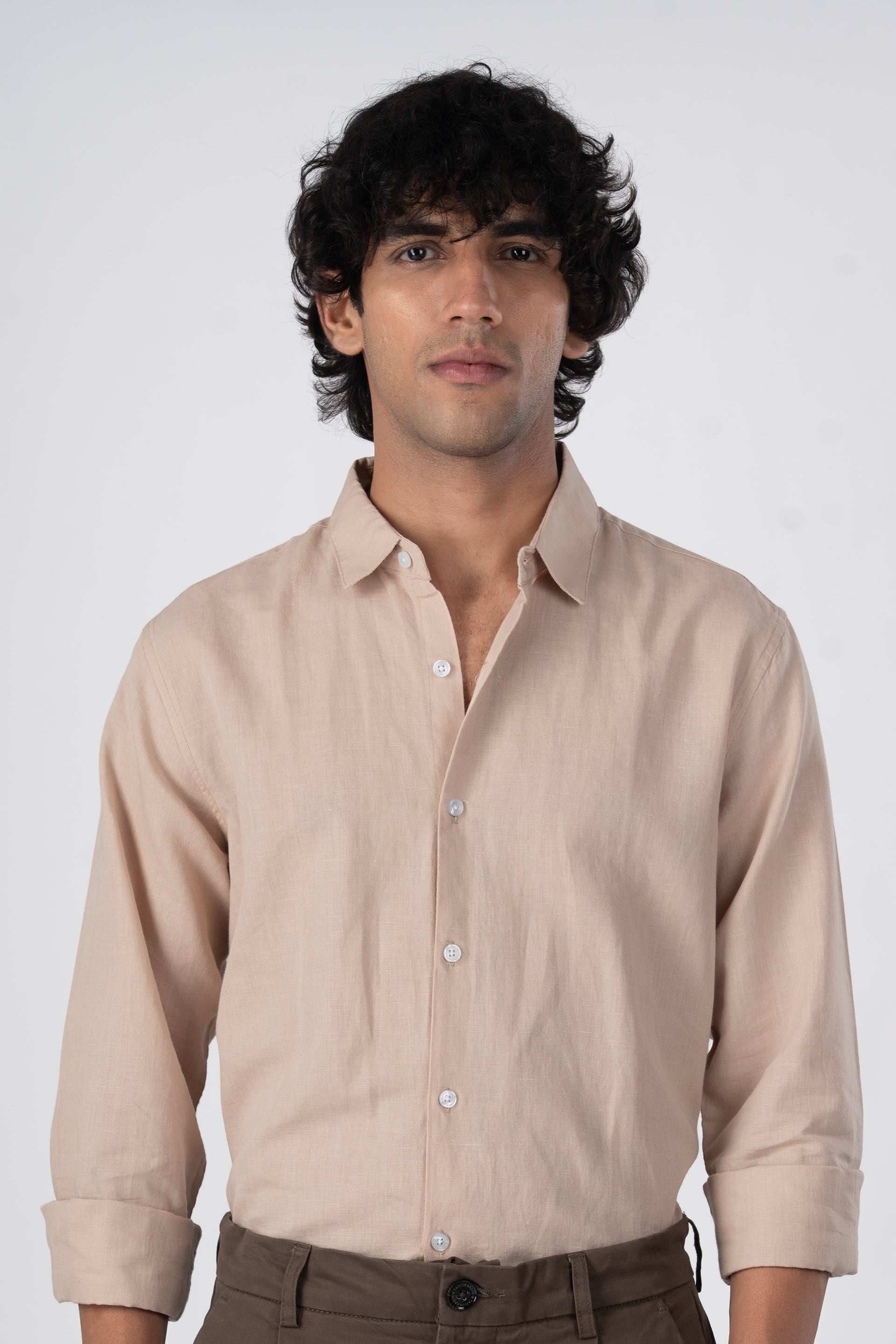 Classic Fused Linen Shirt In Beige