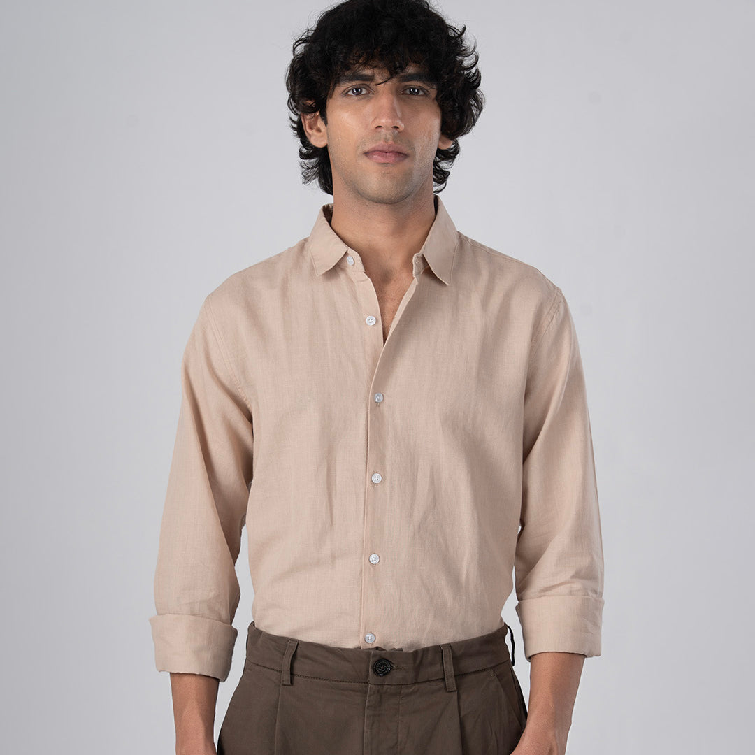 Classic Fused Linen Shirt In Beige