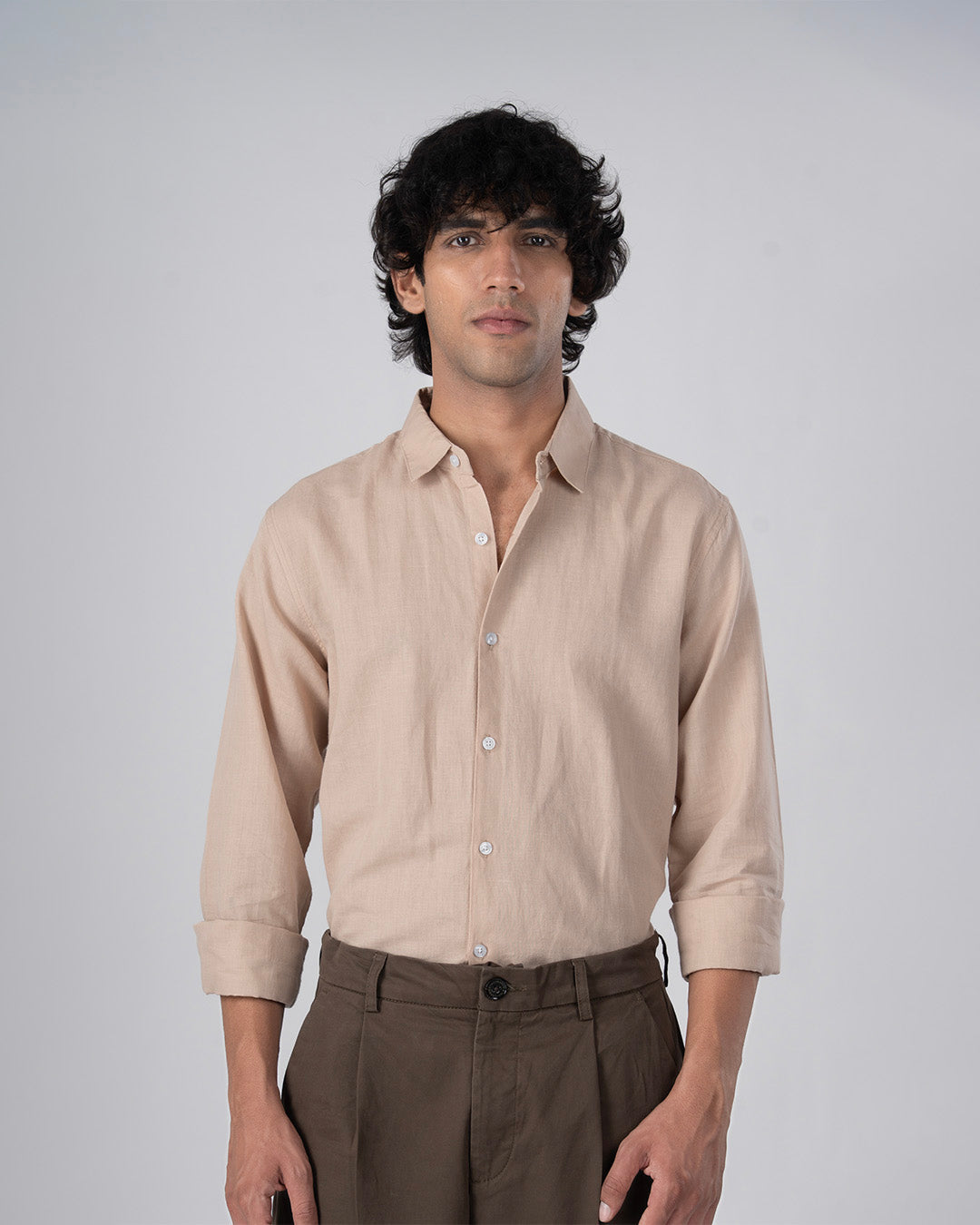 Classic Fused Linen Shirt In Beige