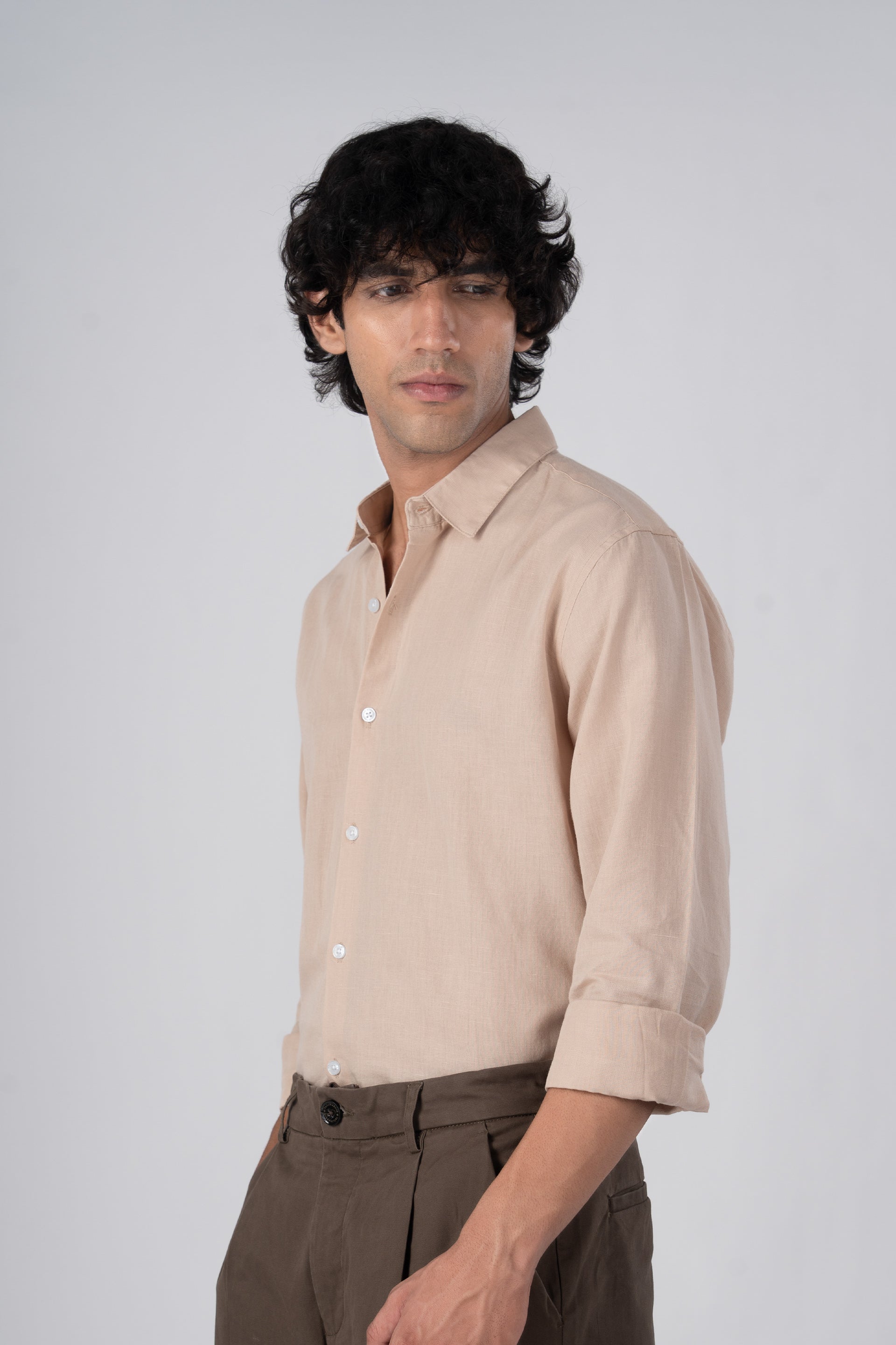 Classic Fused Linen Shirt In Beige