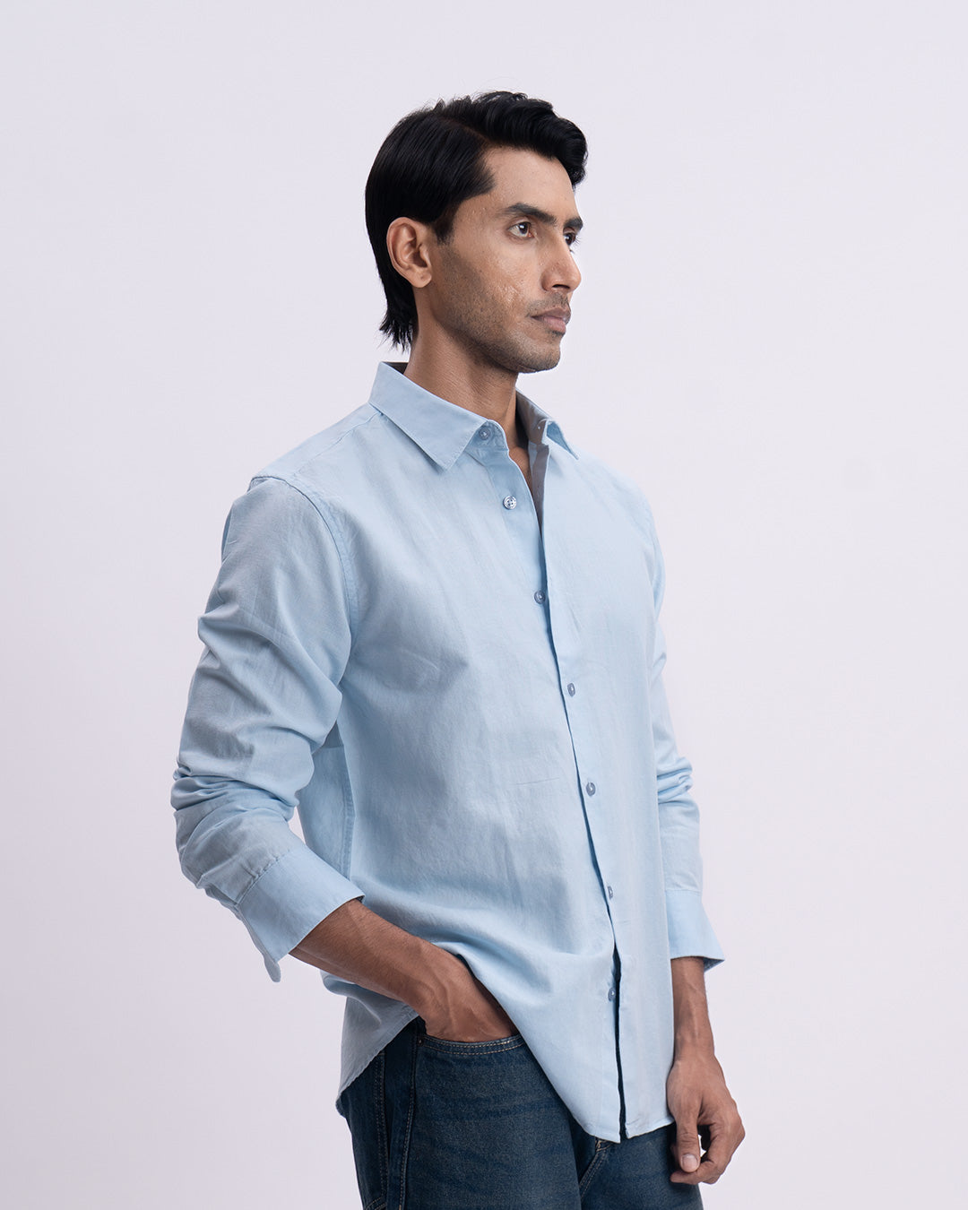 Fused Linen Tailored Shirt In Blue