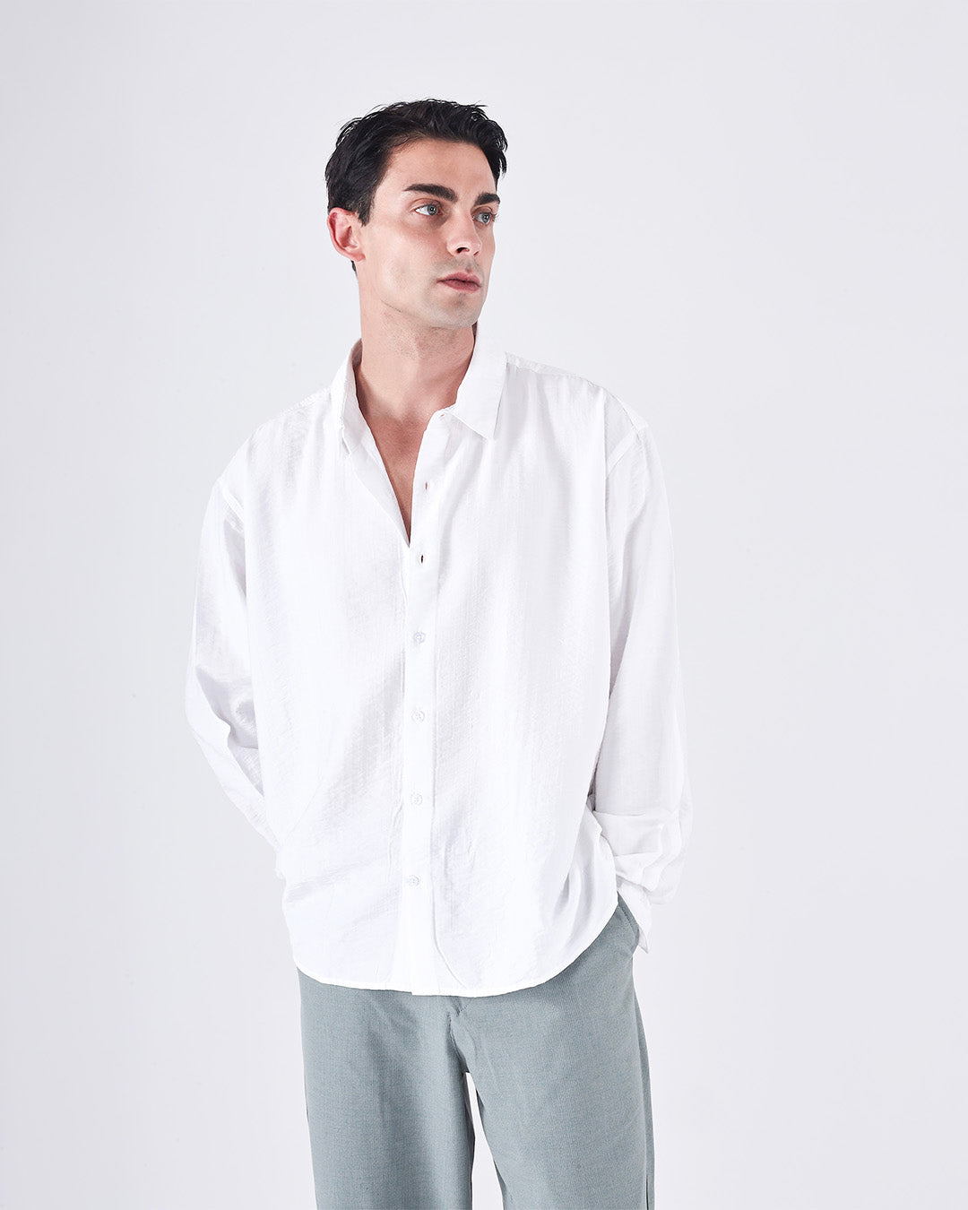 Relaxed Striped Drape Over-Shirt In White