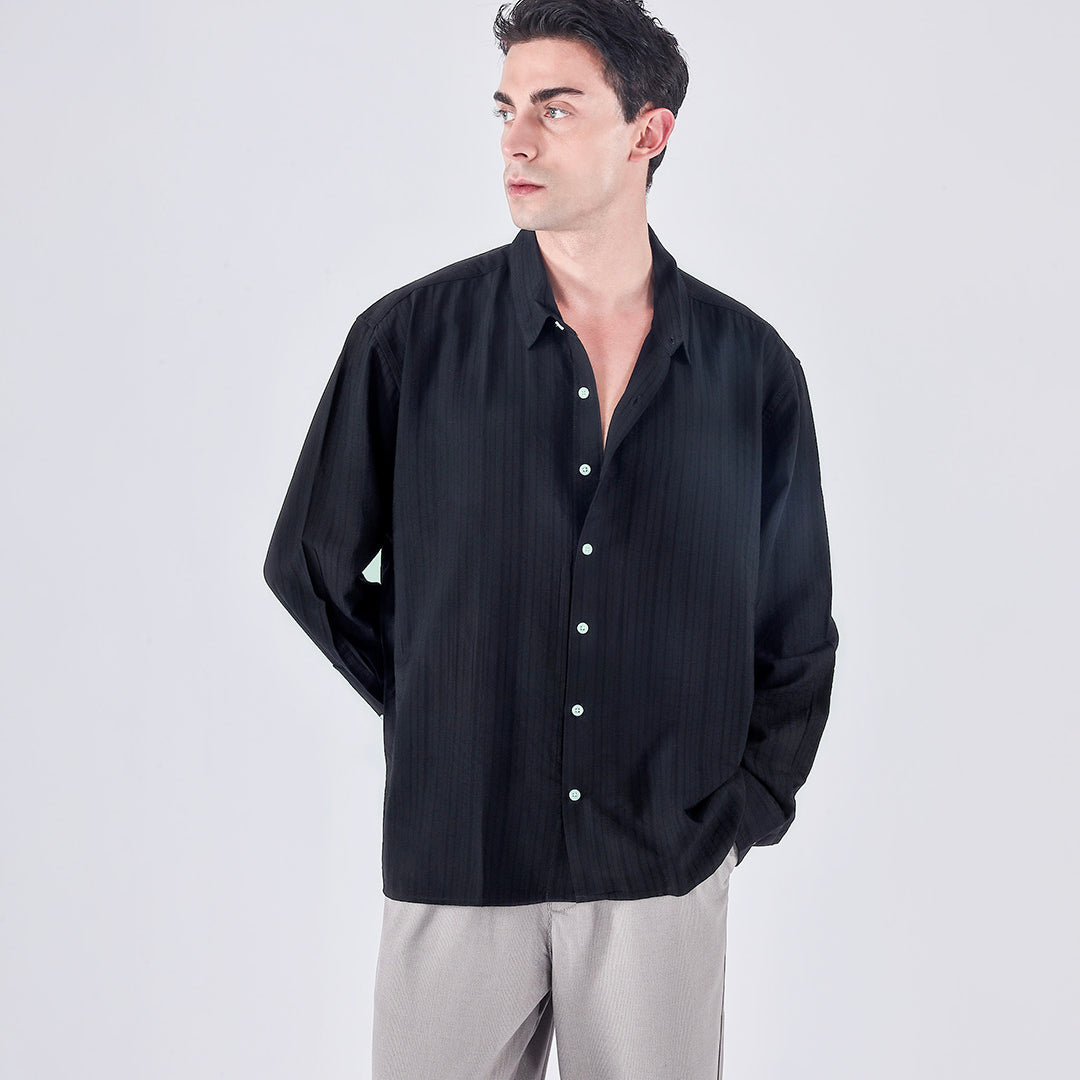 Relaxed Striped Drape Over-Shirt In Black
