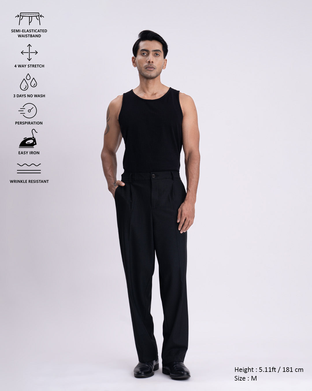 Soft Iron Flexi Pinstriped Relaxed Pants In Black