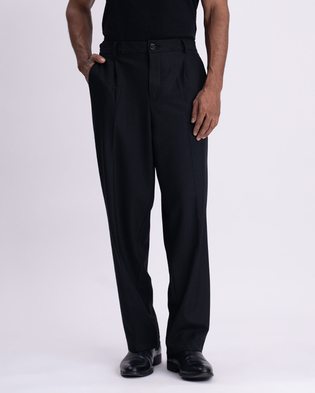 Soft Iron Flexi Pinstriped Relaxed Pants In Black