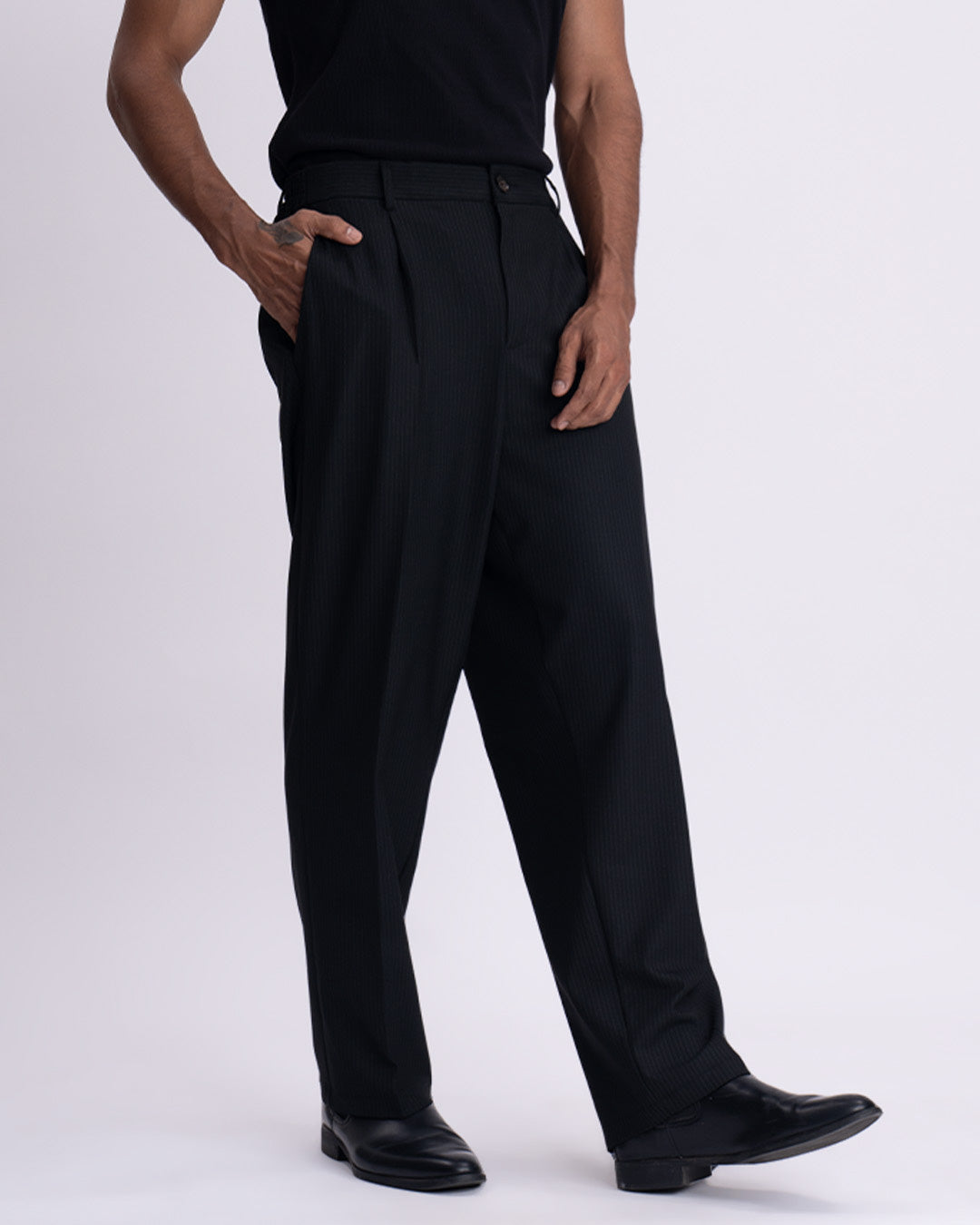Soft Iron Flexi Pinstriped Relaxed Pants In Black
