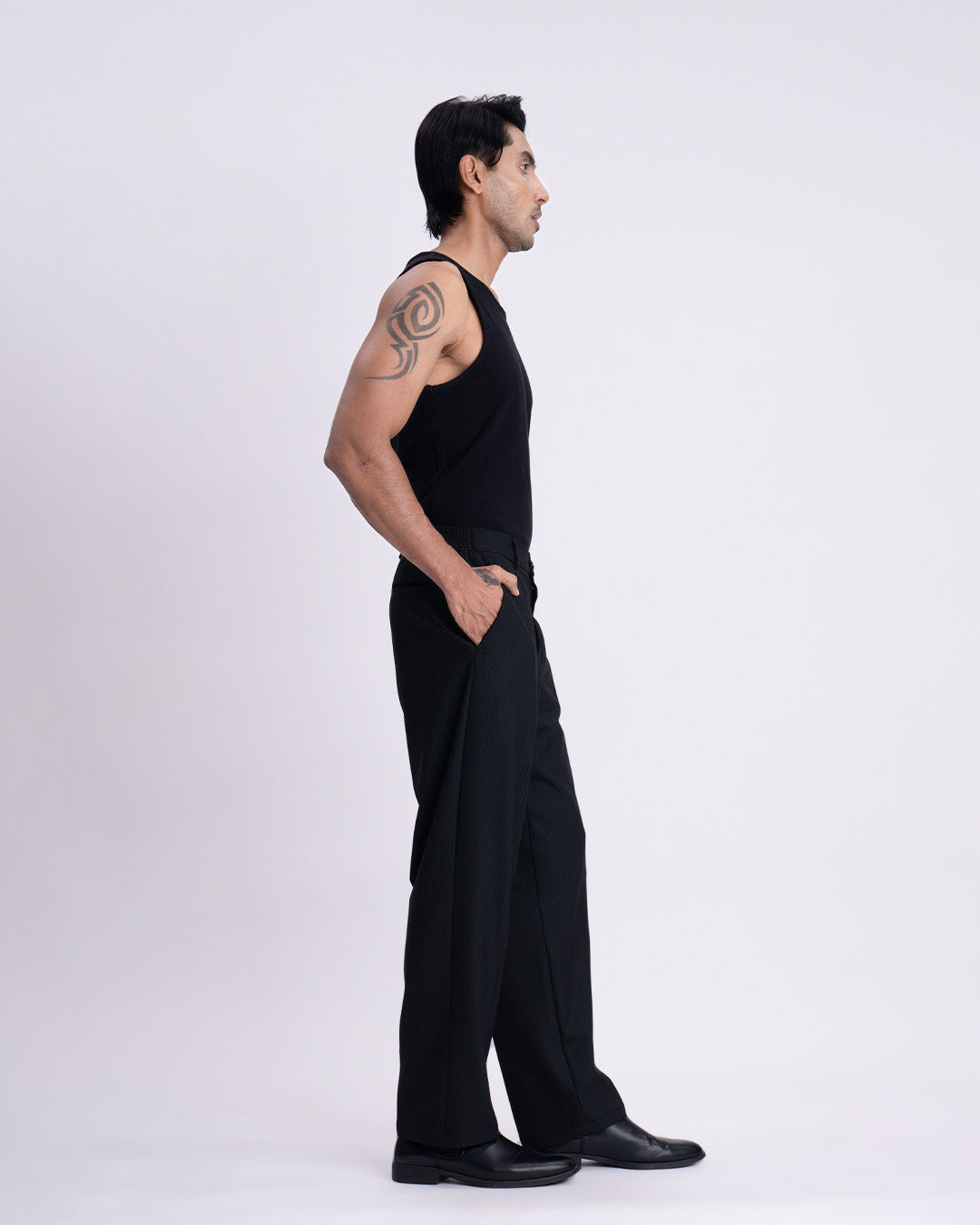 Soft Iron Flexi Pinstriped Relaxed Pants In Black