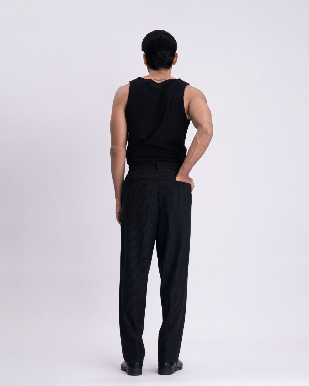 Soft Iron Flexi Pinstriped Relaxed Pants In Black