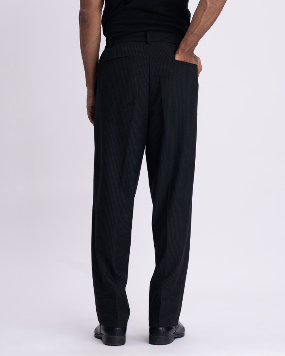 Soft Iron Flexi Pinstriped Relaxed Pants In Black