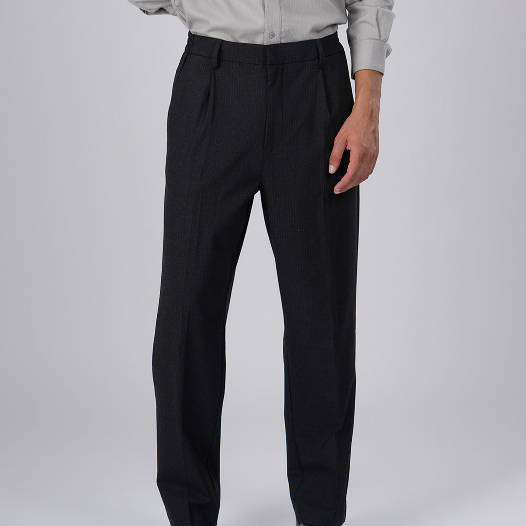 Soft Iron Flexi Pinstriped Relaxed Pants In Black