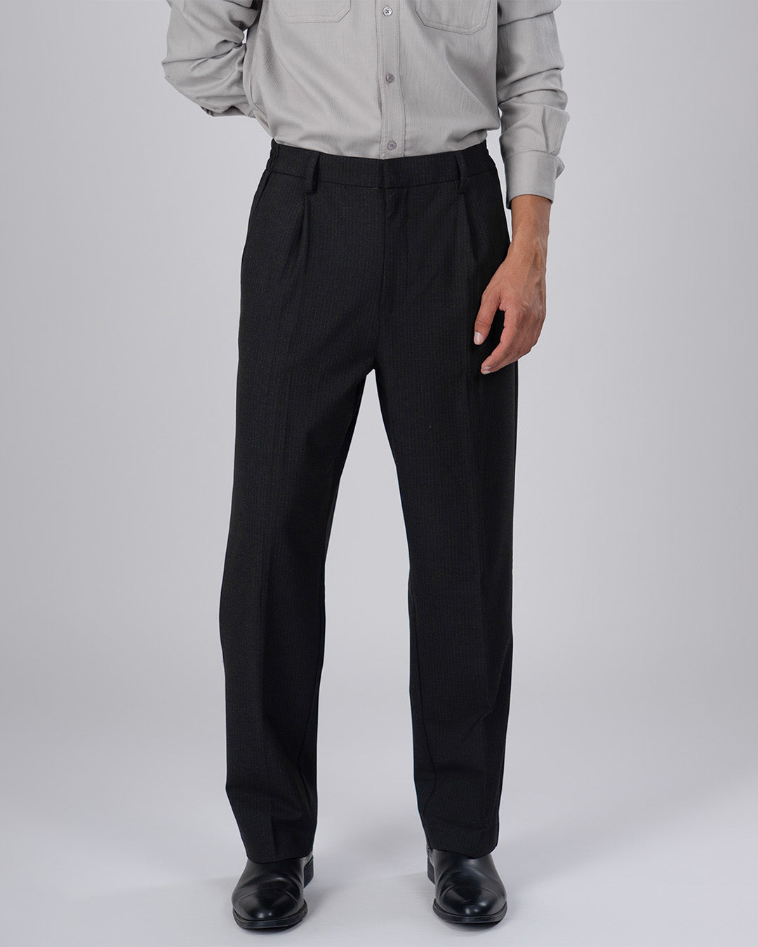 Soft Iron Flexi Pinstriped Relaxed Pants In Black
