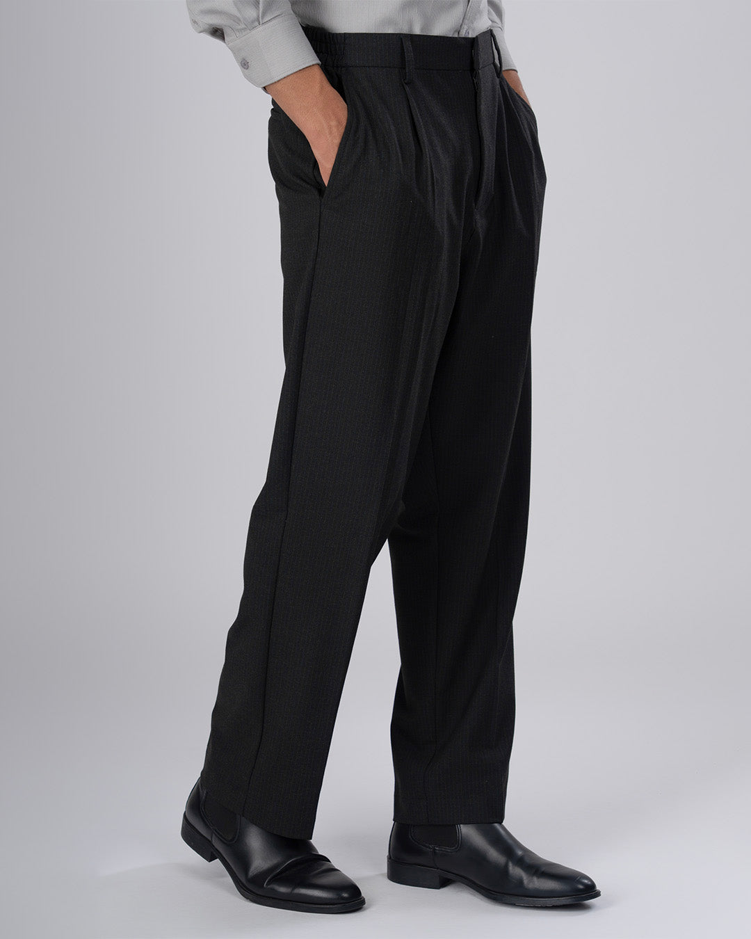 Soft Iron Flexi Pinstriped Relaxed Pants In Black