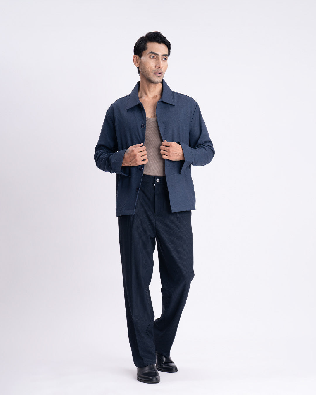 Soft Iron Flexi Pinstriped Relaxed Pants In Navy