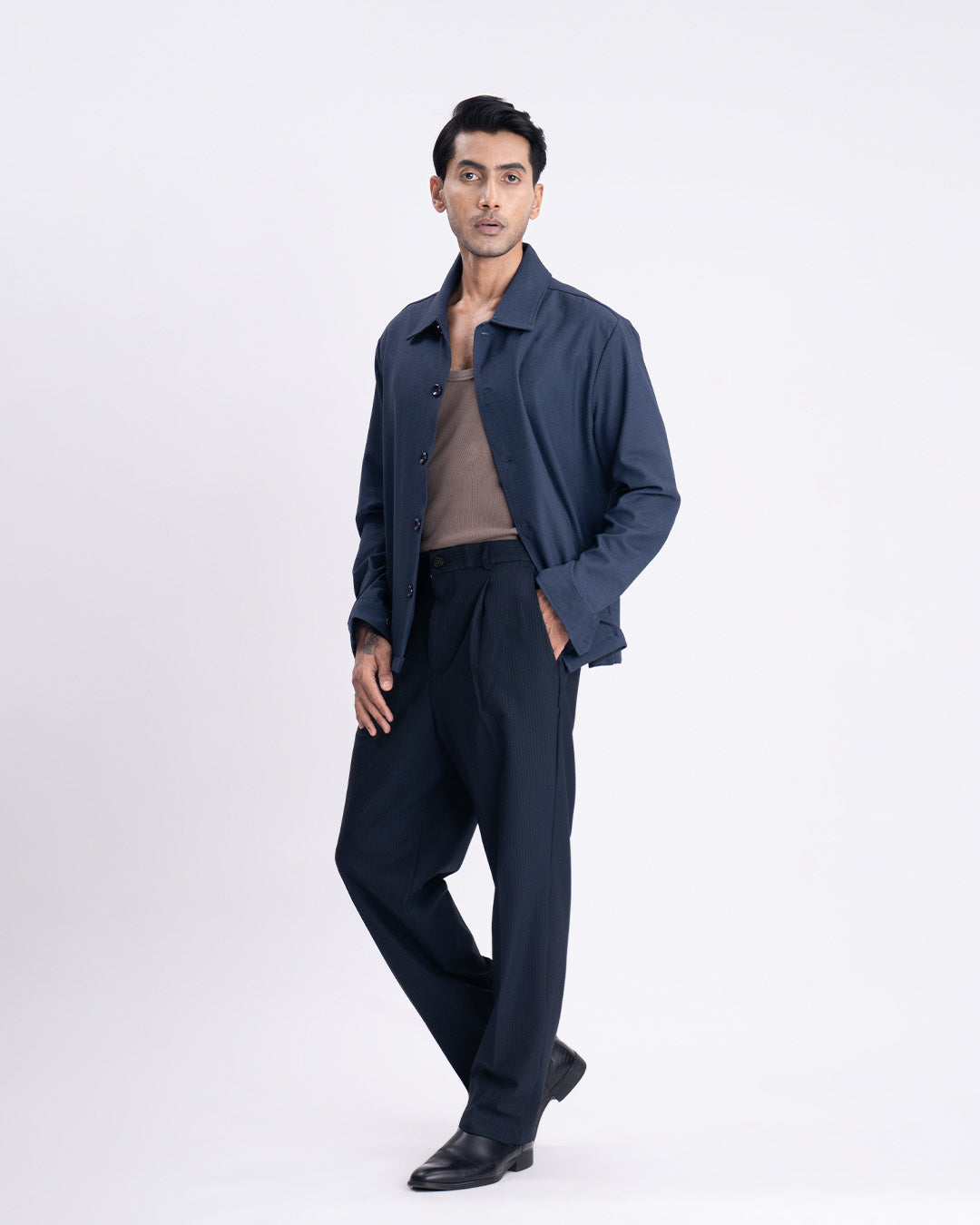 Soft Iron Flexi Pinstriped Relaxed Pants In Navy