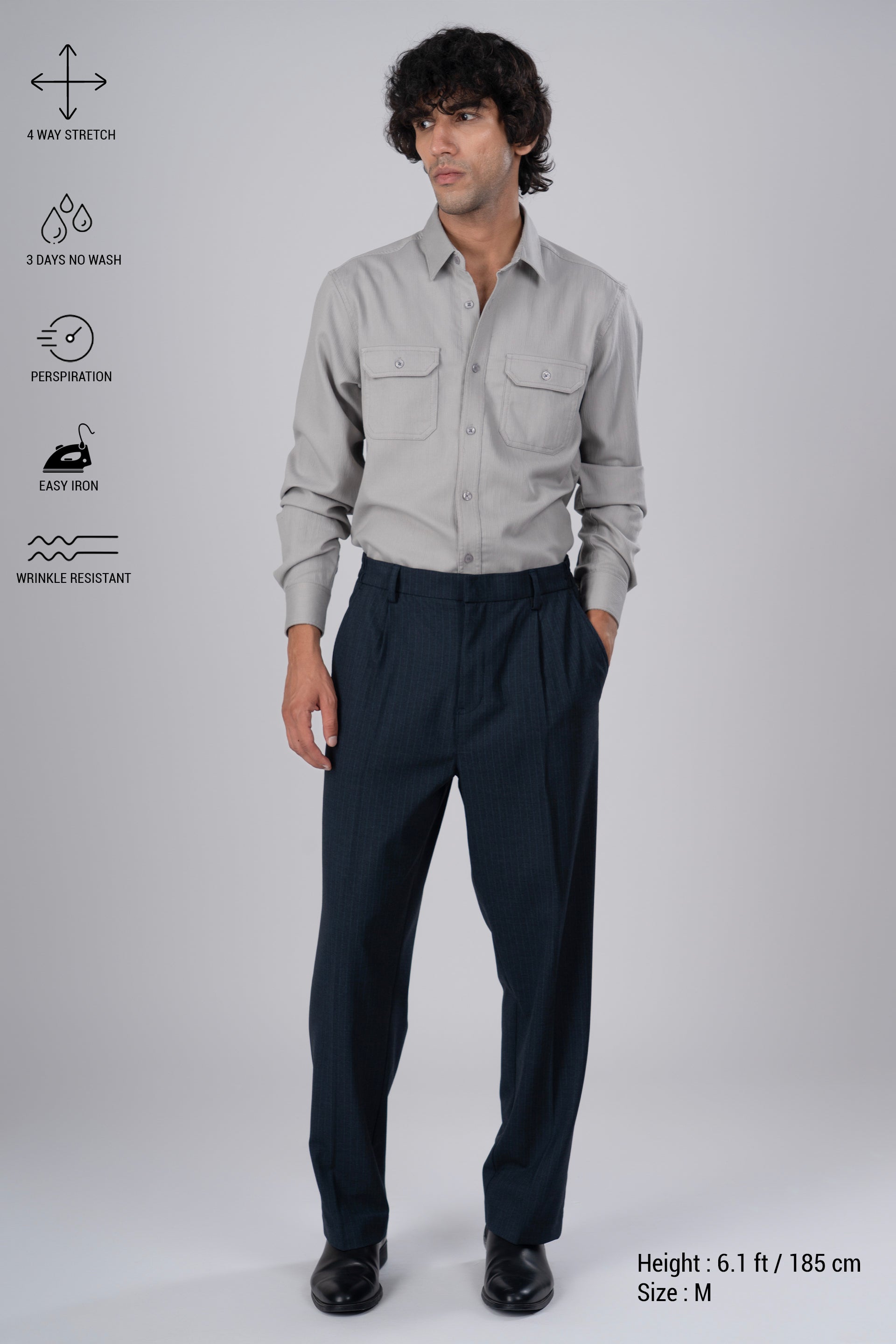 Soft Iron Flexi Pinstriped Relaxed Pant In Blue