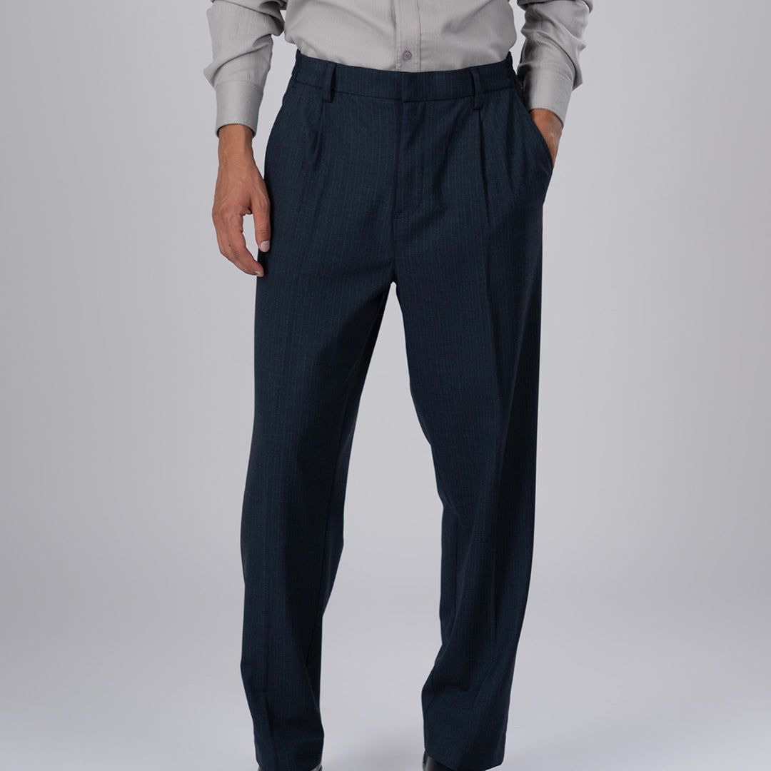 Soft Iron Flexi Pinstriped Relaxed Pants In Blue
