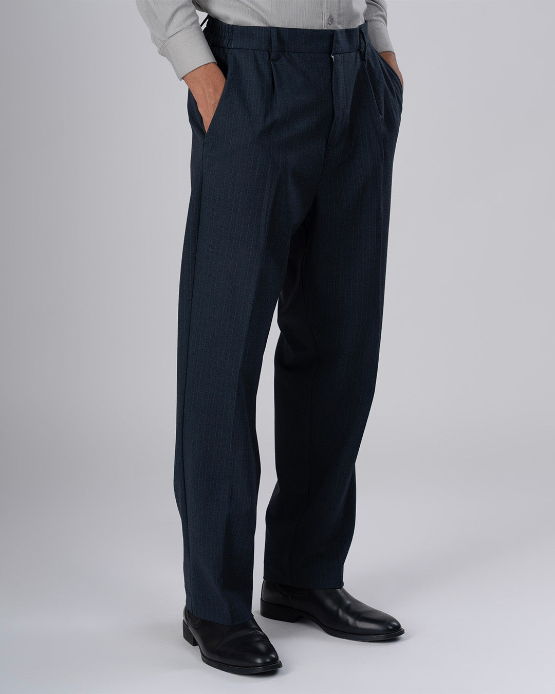 Soft Iron Flexi Pinstriped Relaxed Pants In Blue