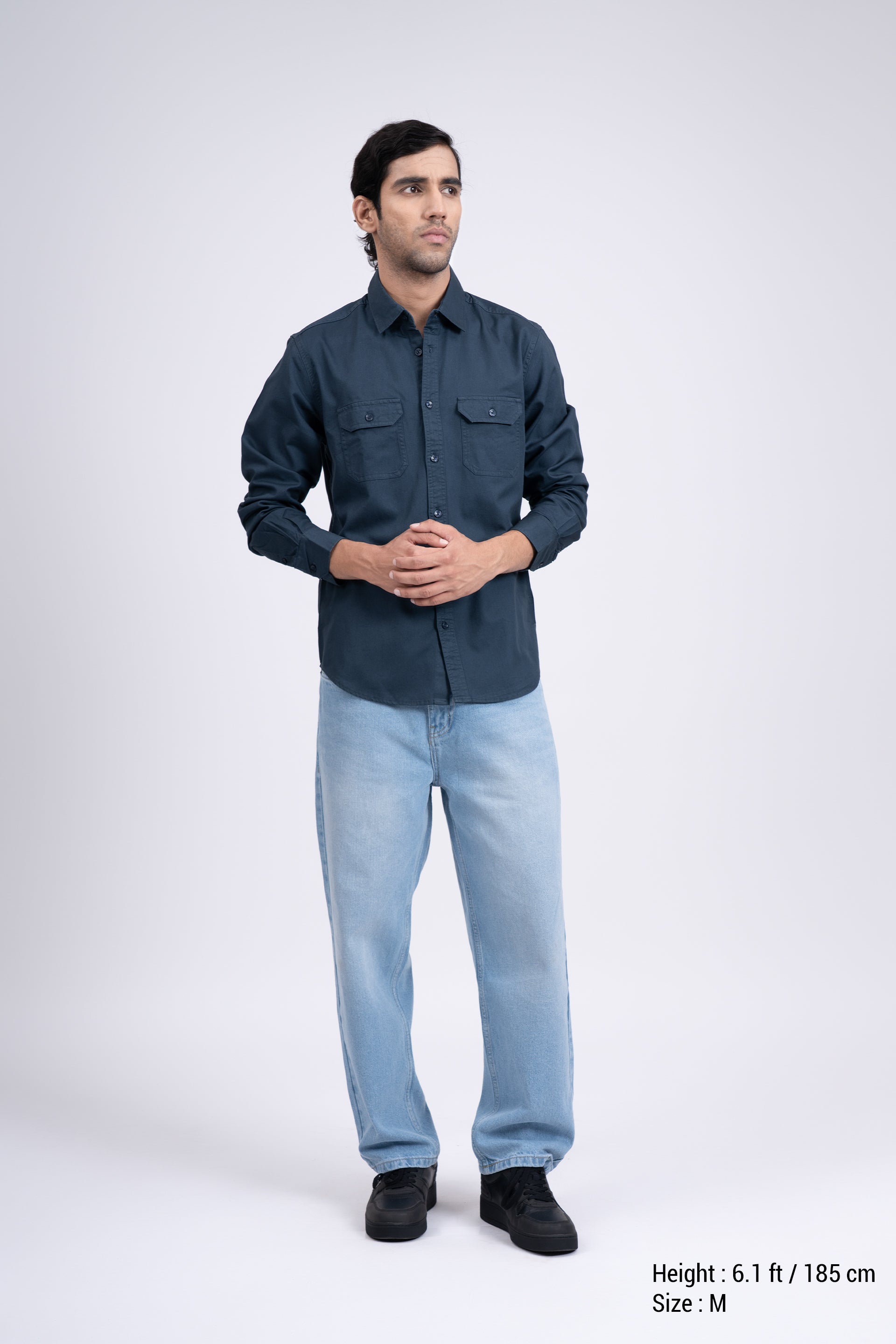Classic Cotton Cargo Shirt In Stone Blue