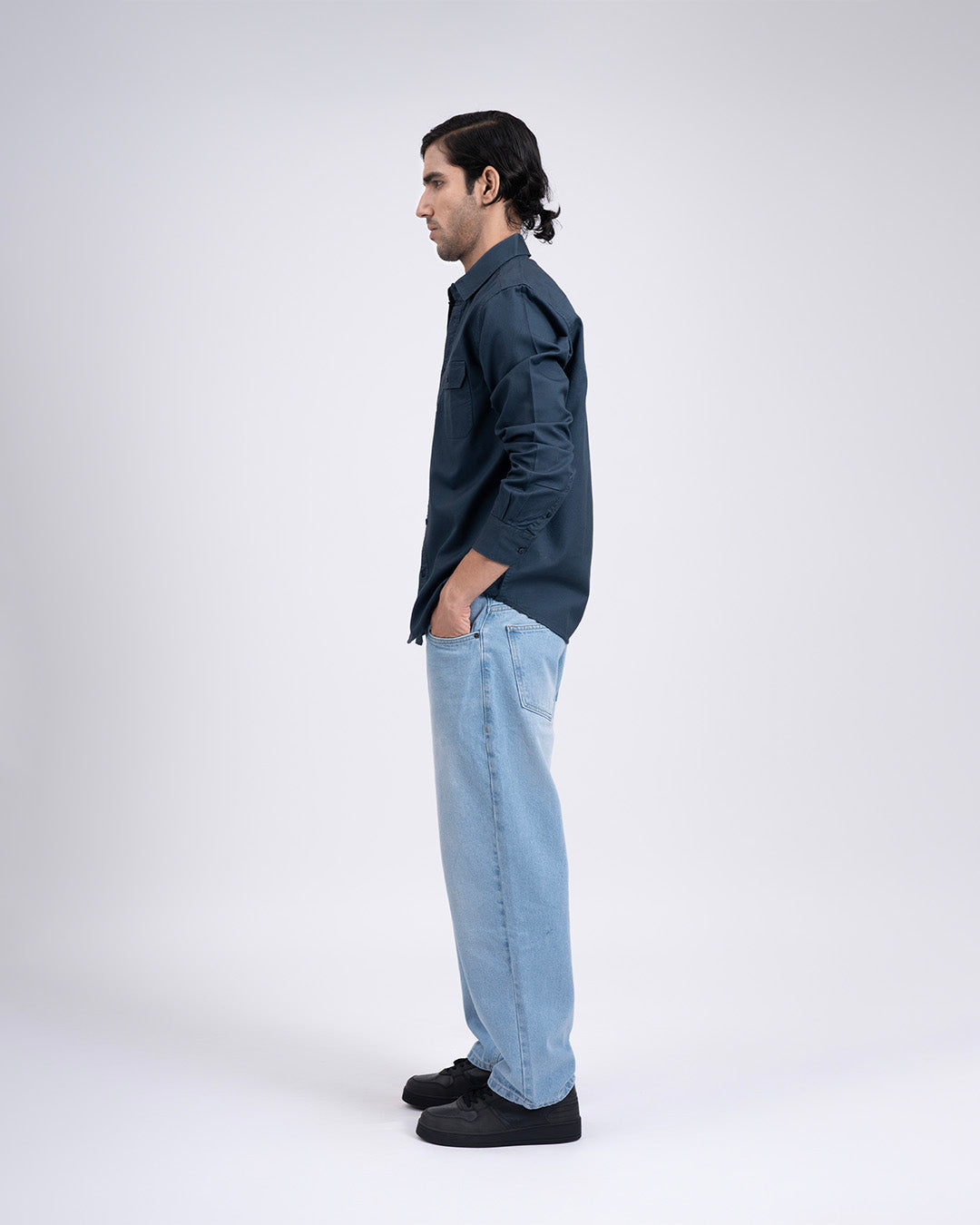 Classic Cotton Cargo Shirt In Stone Blue