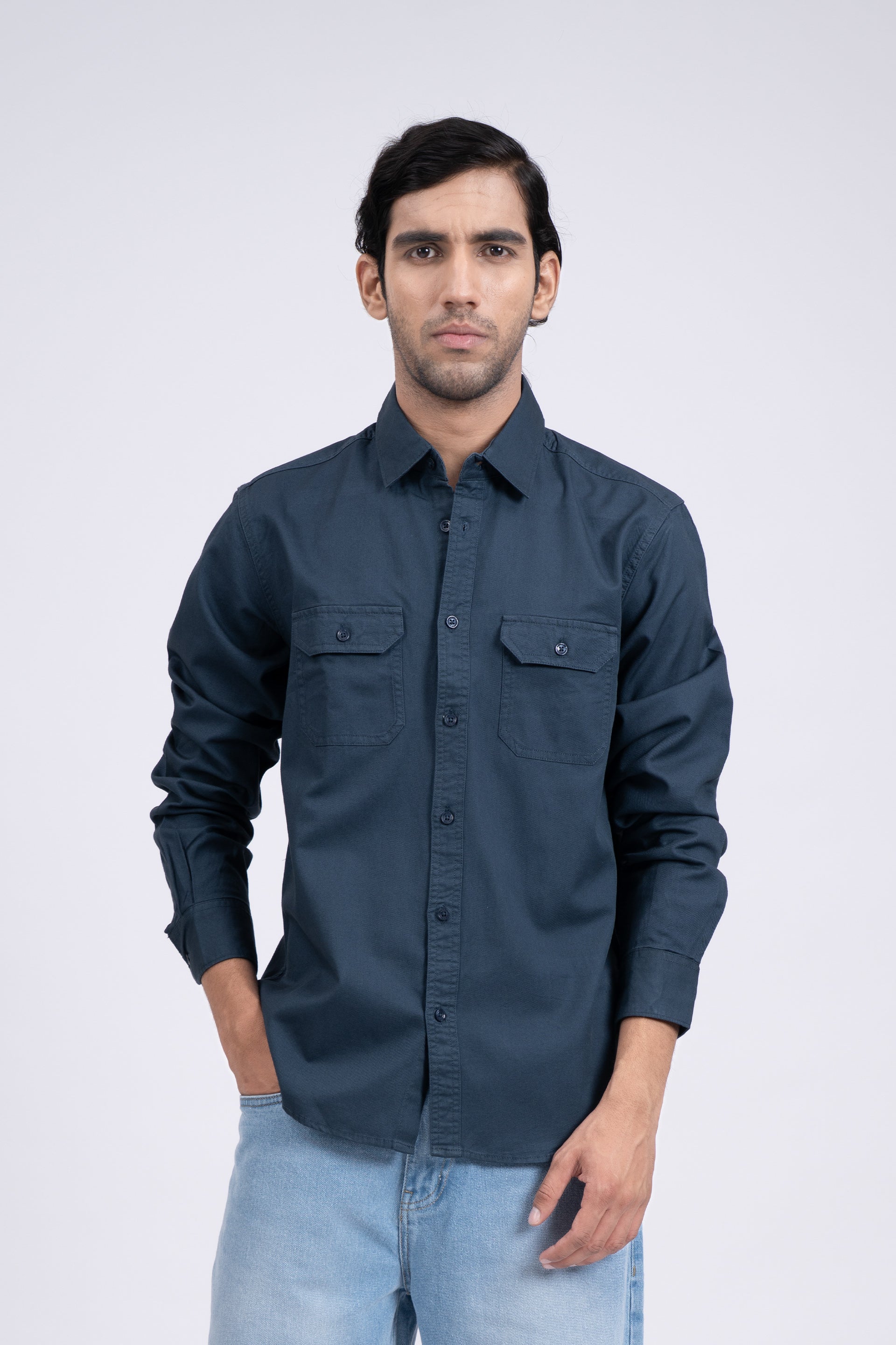 Classic Cotton Cargo Shirt In Stone Blue