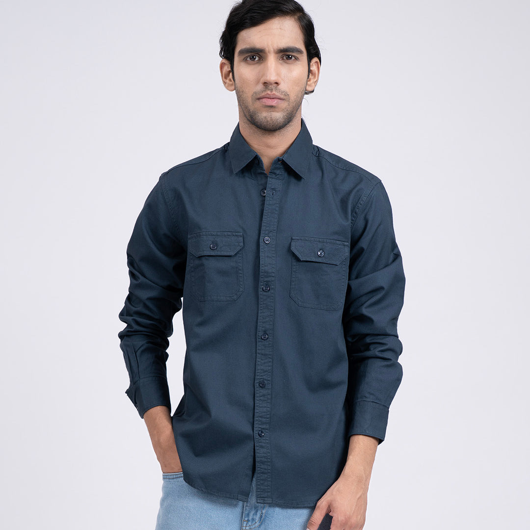 Classic Cotton Cargo Shirt In Stone Blue