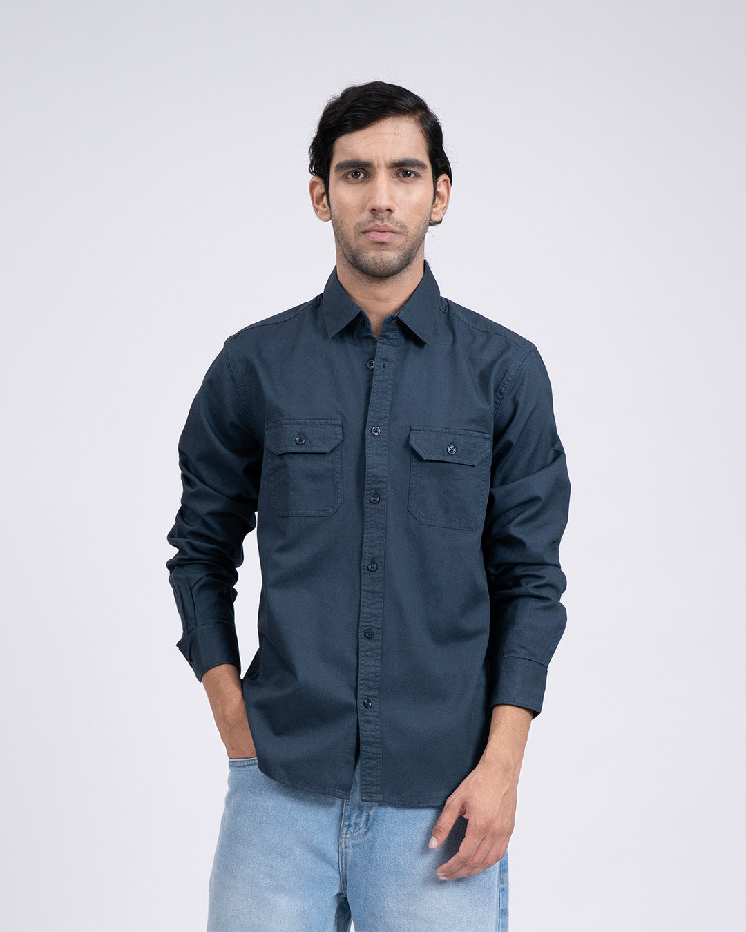Classic Cotton Cargo Shirt In Stone Blue