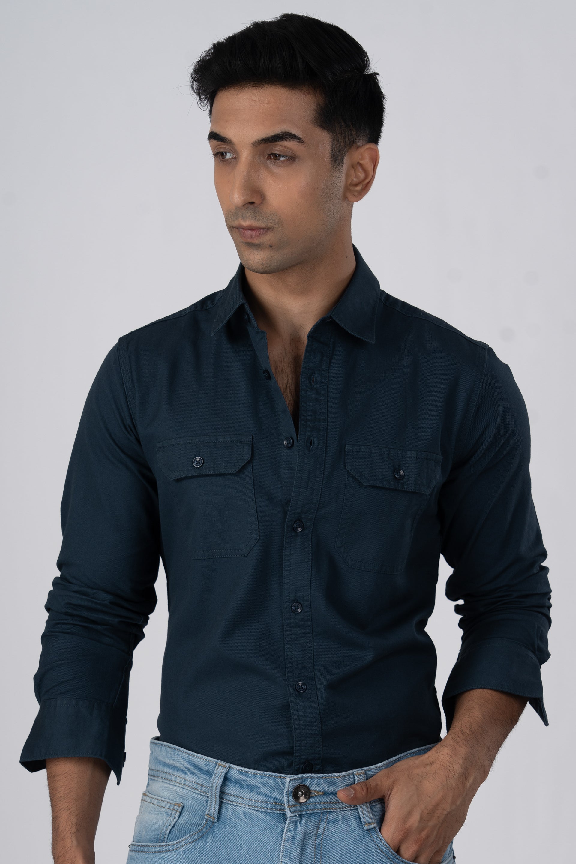Classic Cotton Cargo Shirt In Stone Blue