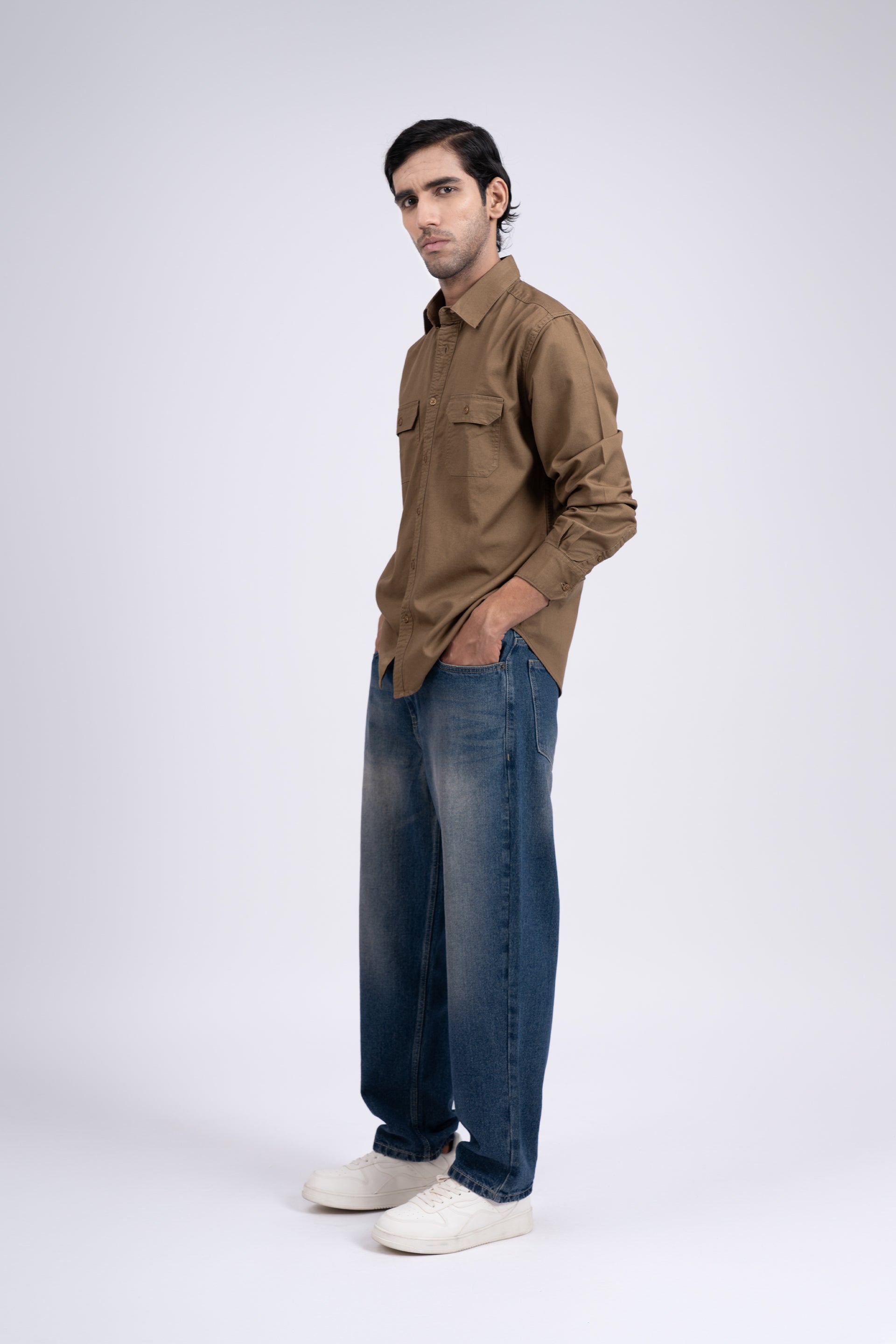 Classic Cotton Cargo Shirt In Khaki
