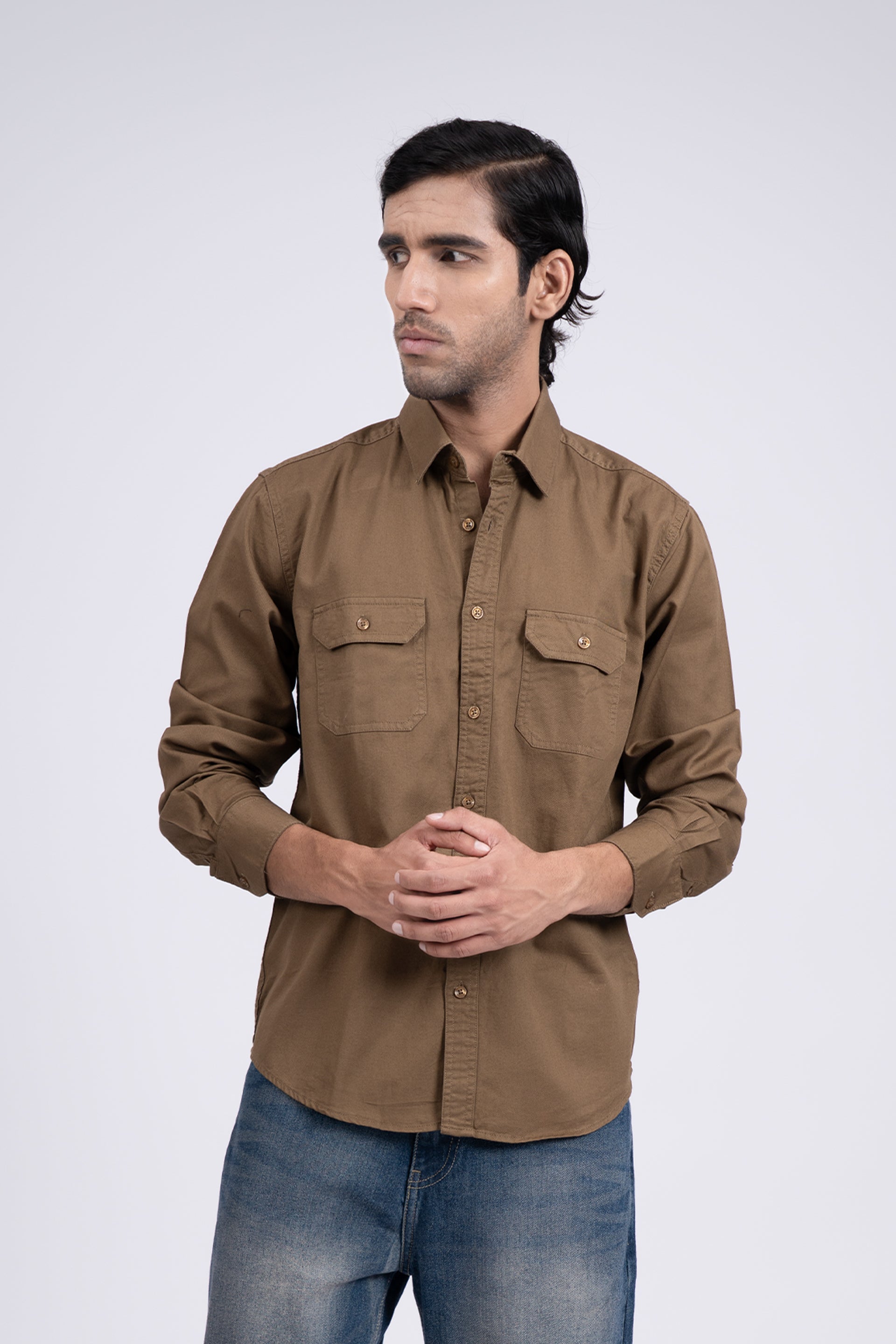 Classic Cotton Cargo Shirt In Khaki