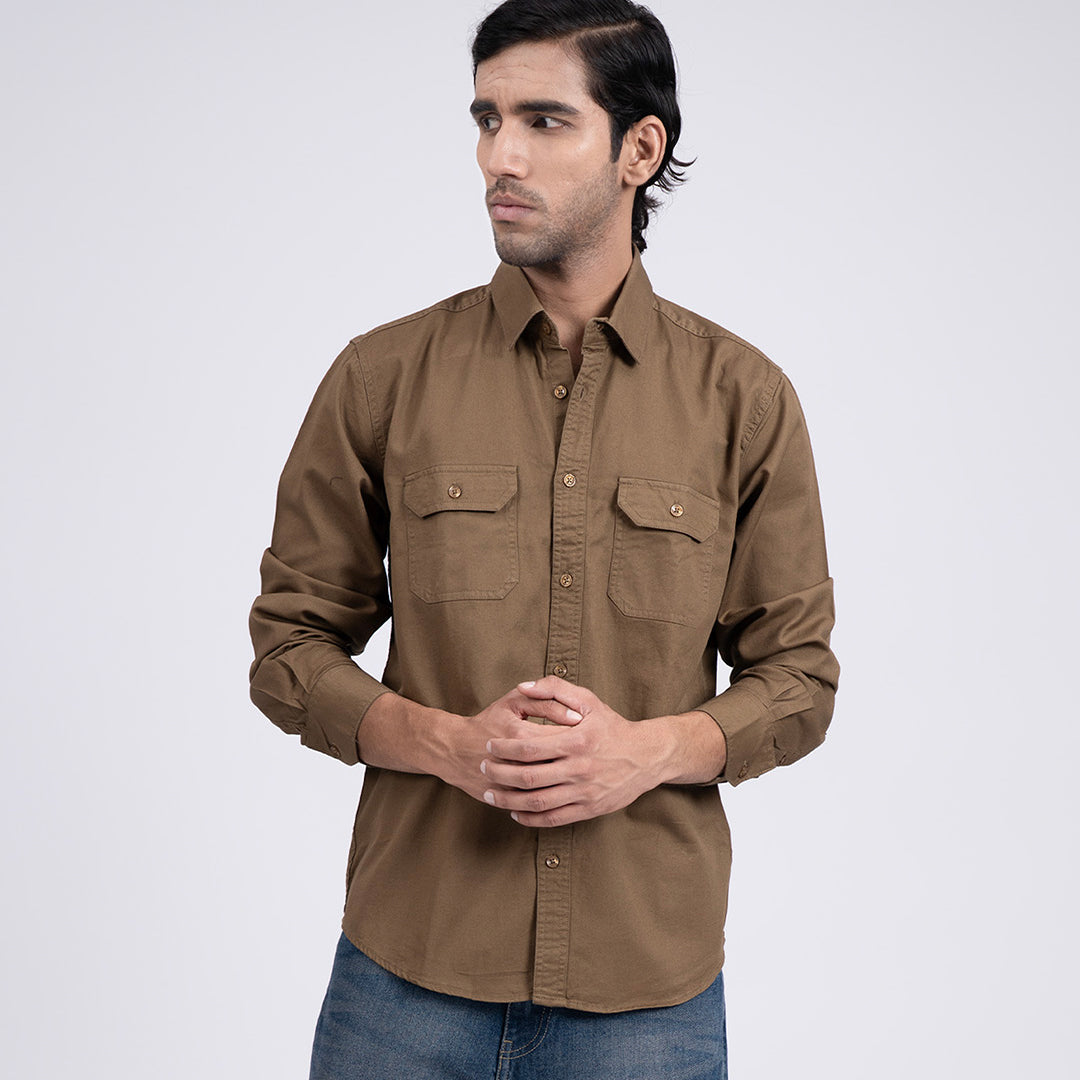 Classic Cotton Cargo Shirt In Khaki