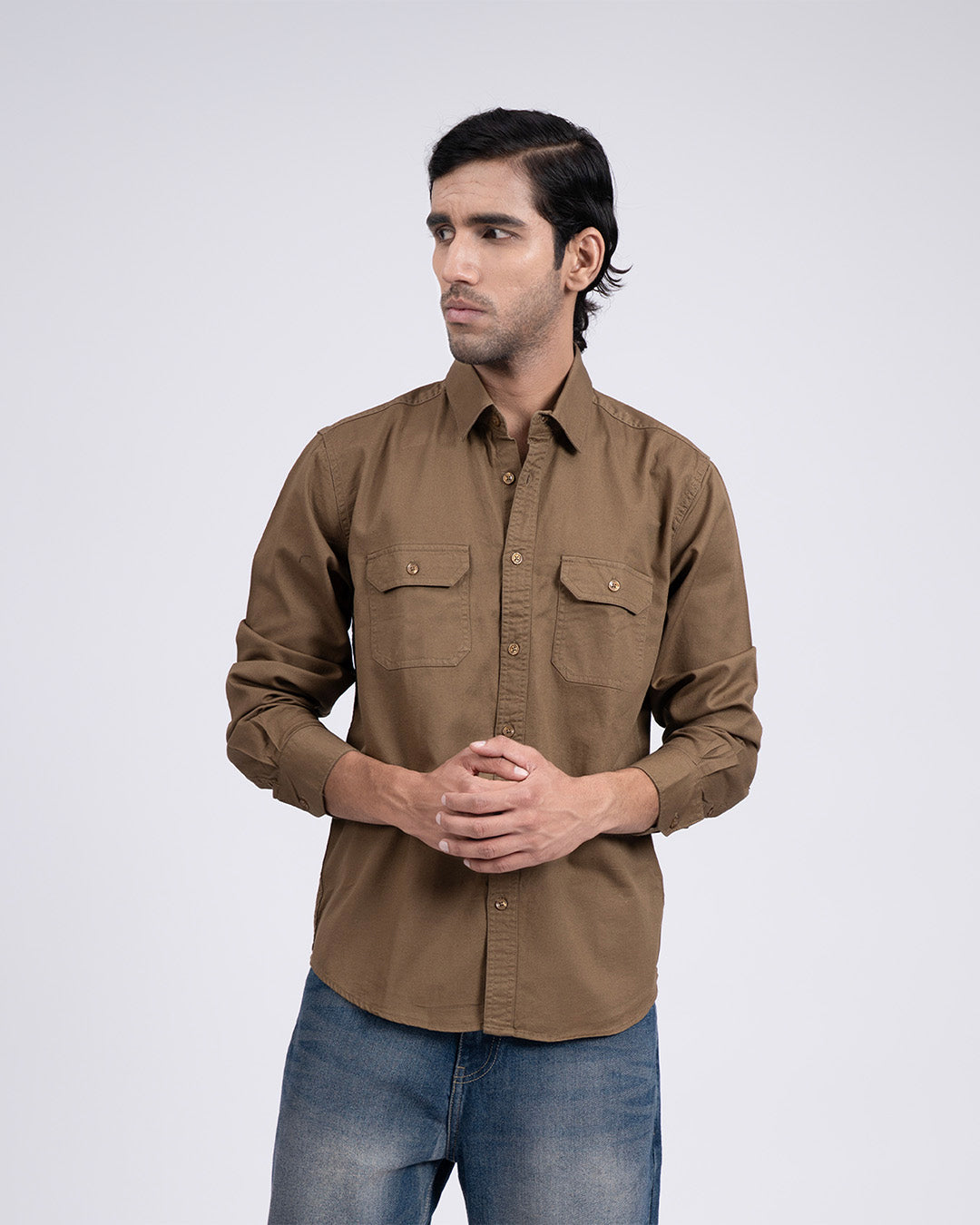 Classic Cotton Cargo Shirt In Khaki