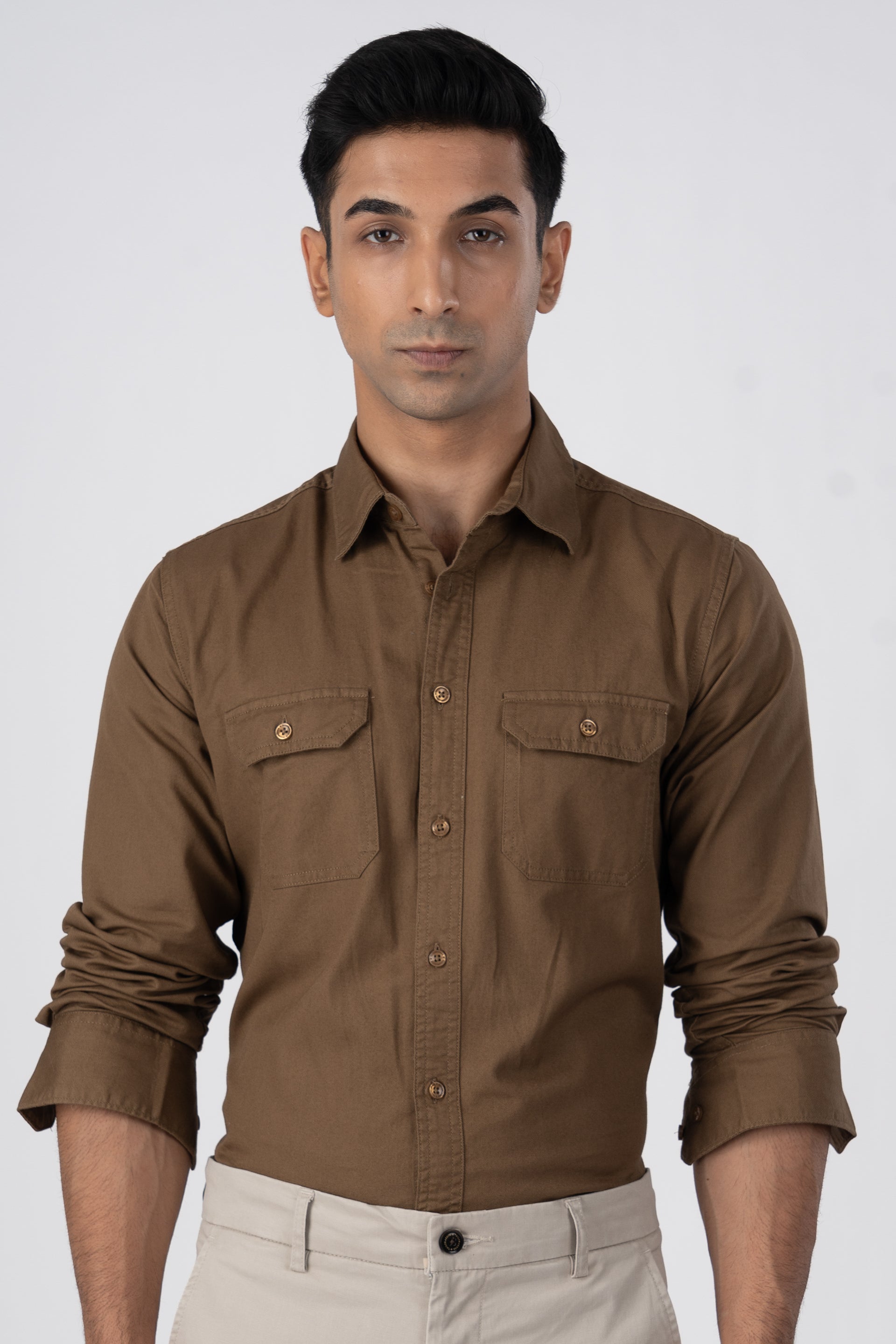 Classic Cotton Cargo Shirt In Khakhi
