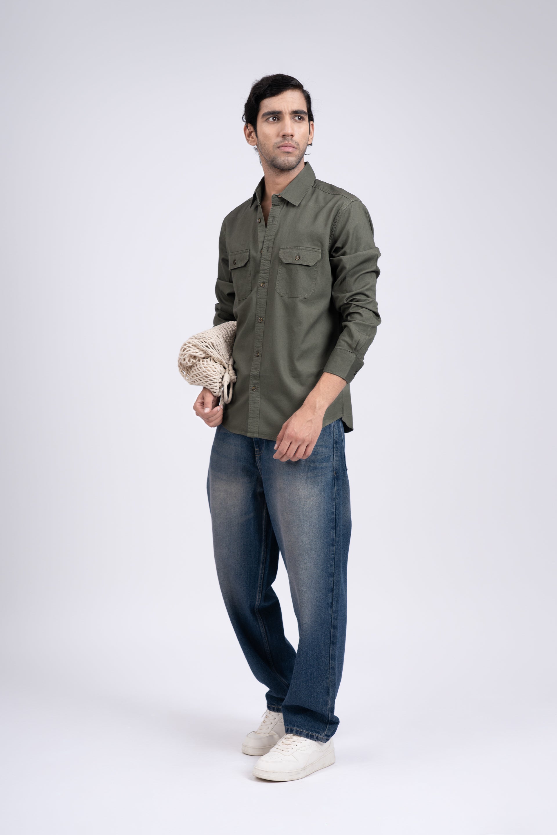 Classic Cotton Cargo Shirt In Olive