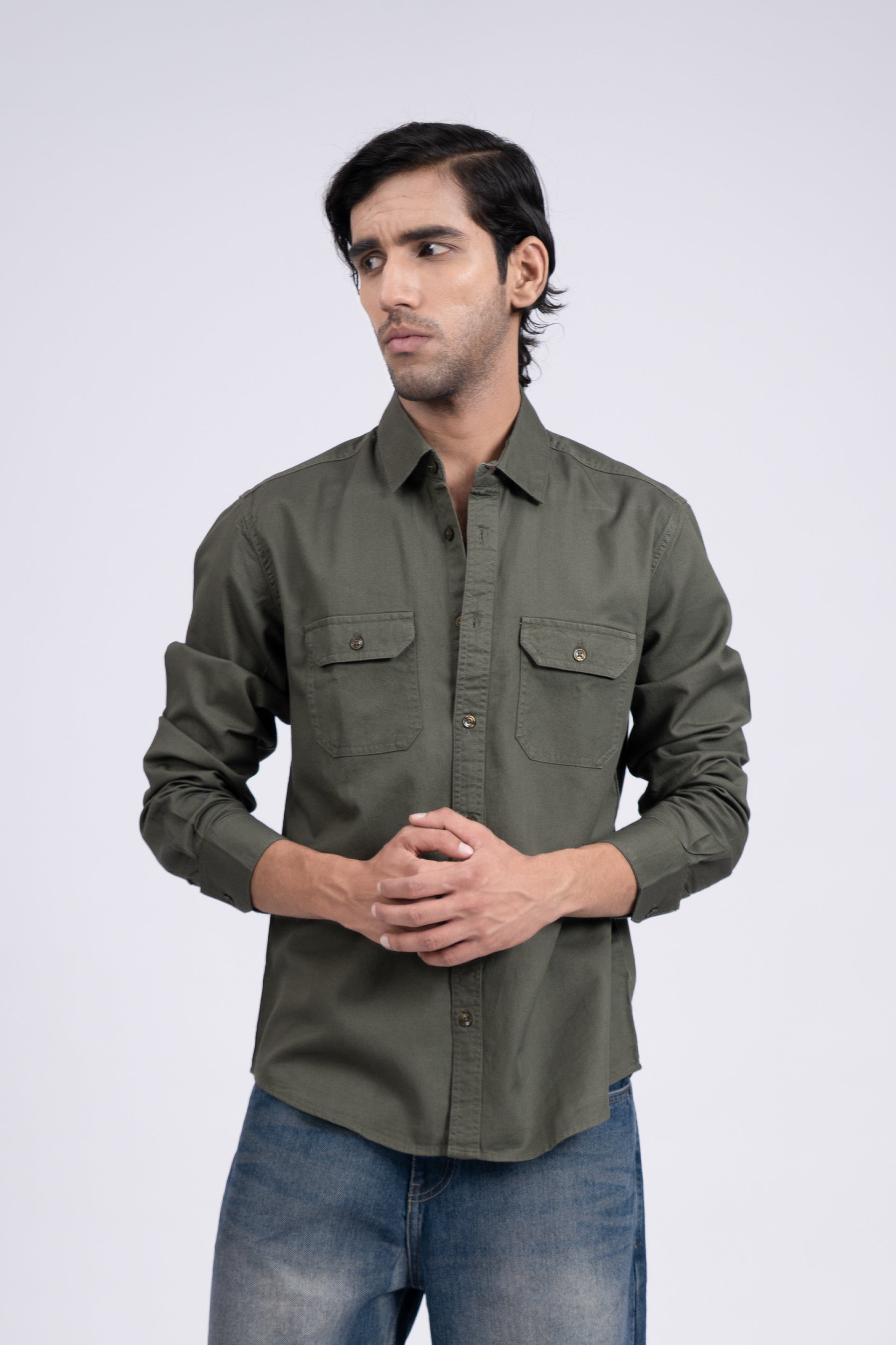 Classic Cotton Cargo Shirt In Olive