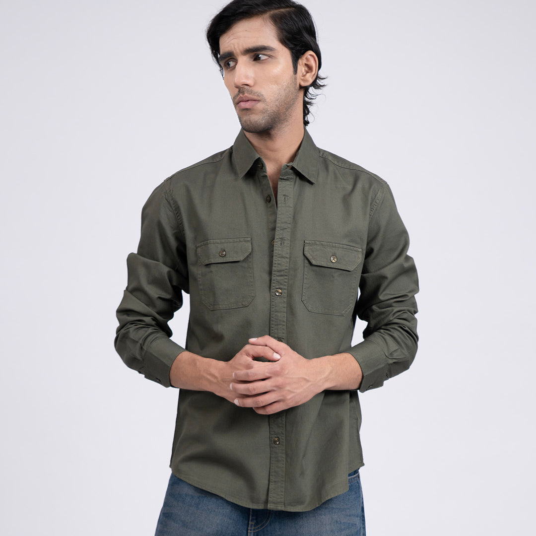 Classic Cotton Cargo Shirt In Olive