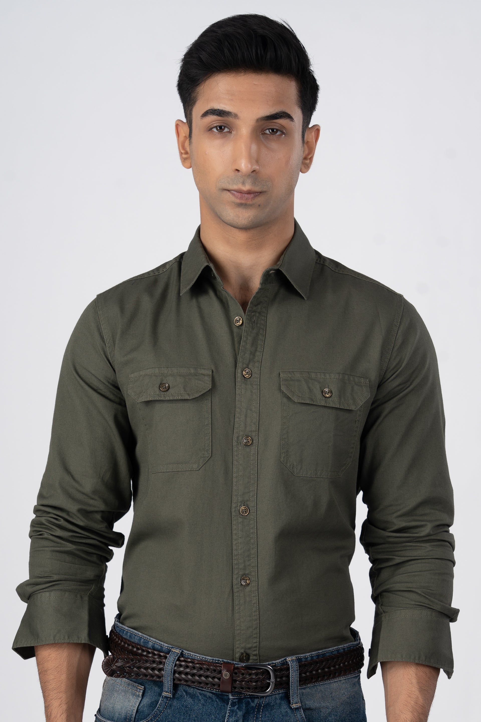 Classic Cotton Cargo Shirt In Olive