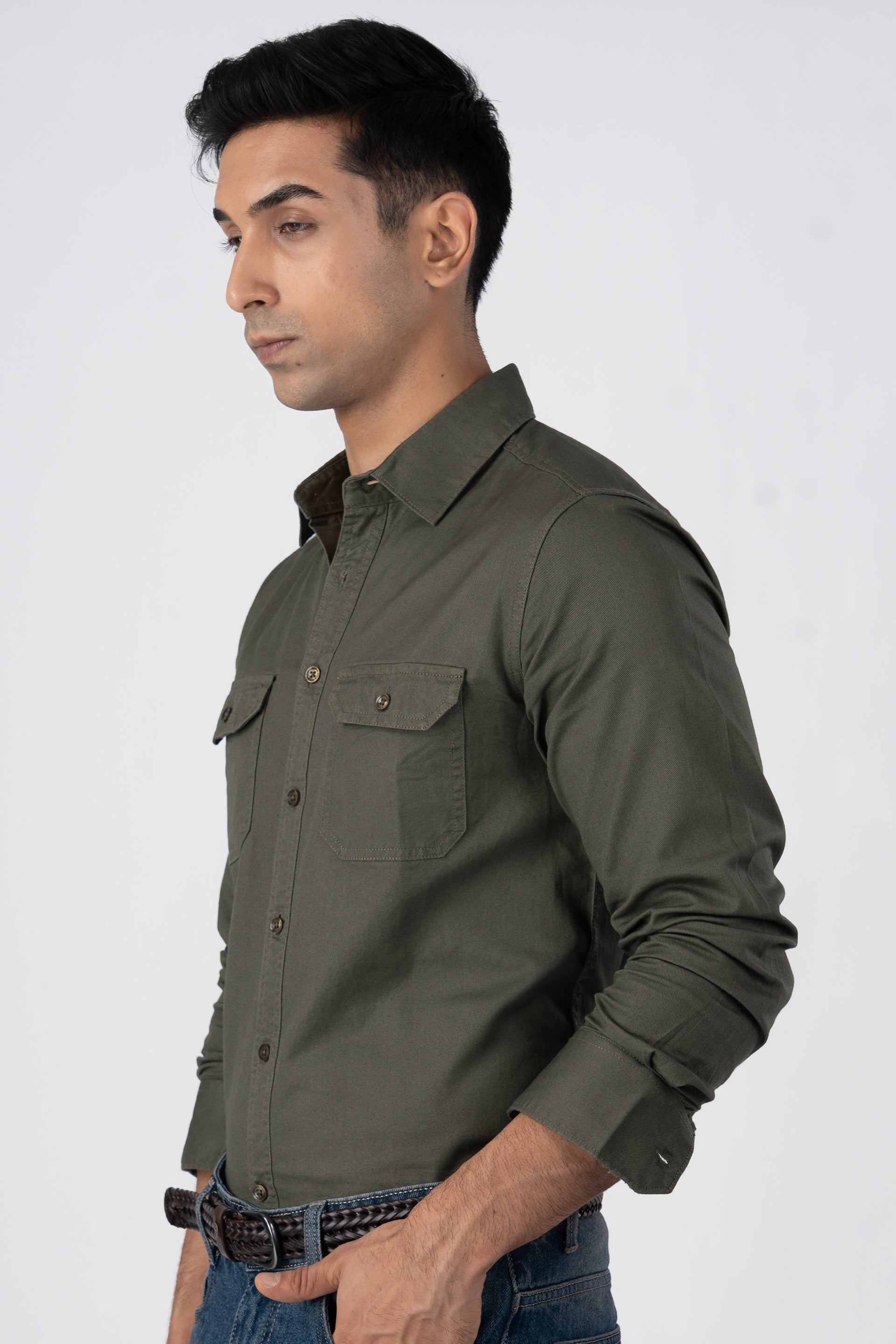 Classic Cotton Cargo Shirt In Olive