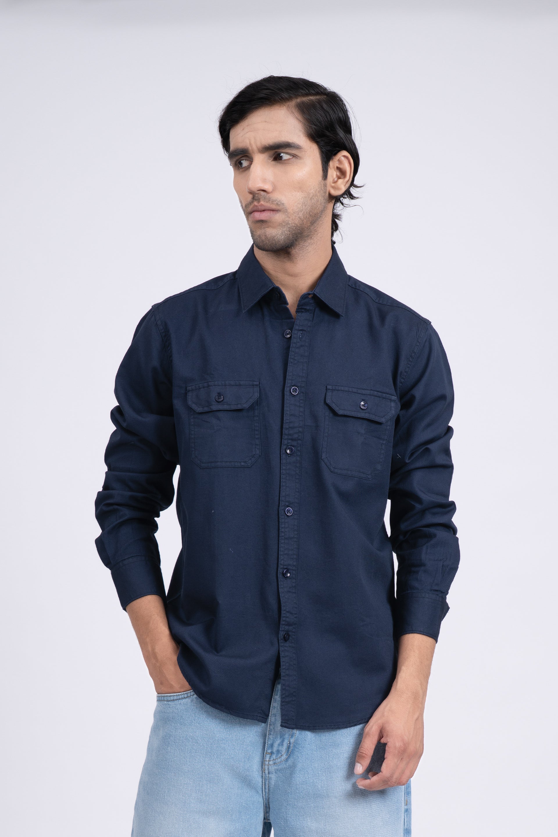 Classic Cotton Cargo Shirt In Navy