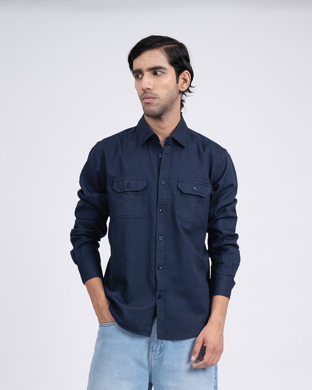 Classic Cotton Cargo Shirt In Navy
