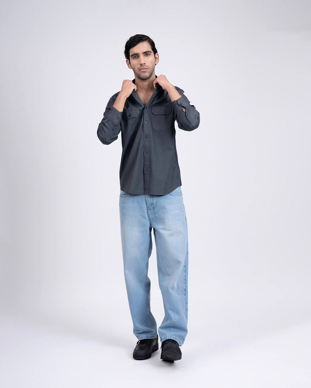 Classic Cotton Cargo Shirt In Grey