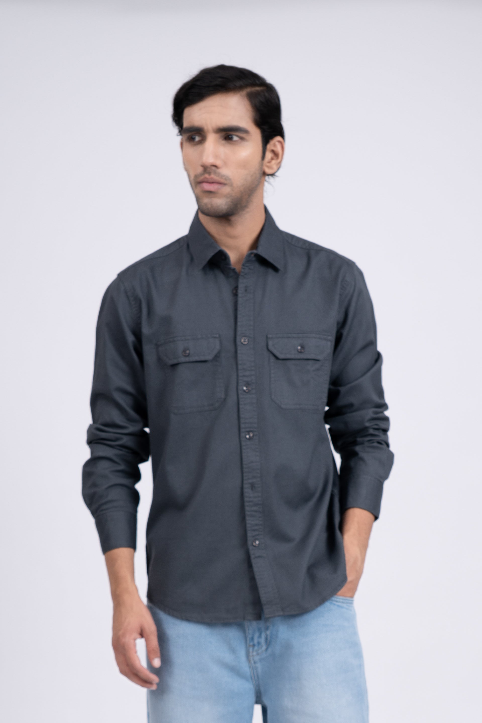 Classic Cotton Cargo Shirt In Grey