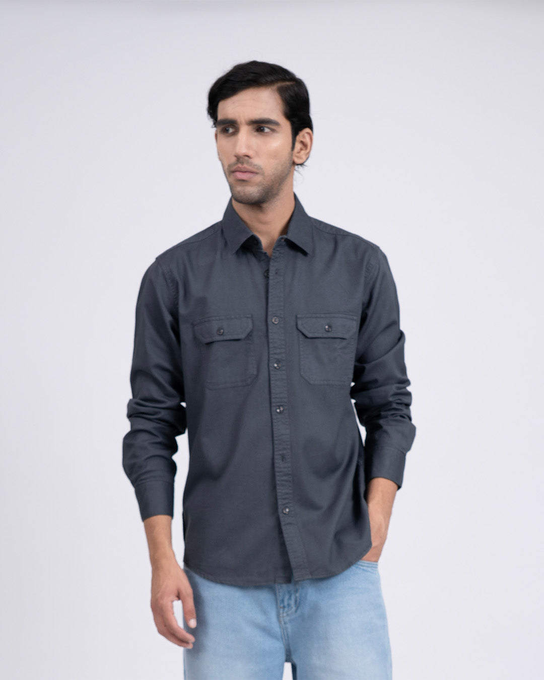 Classic Cotton Cargo Shirt In Grey