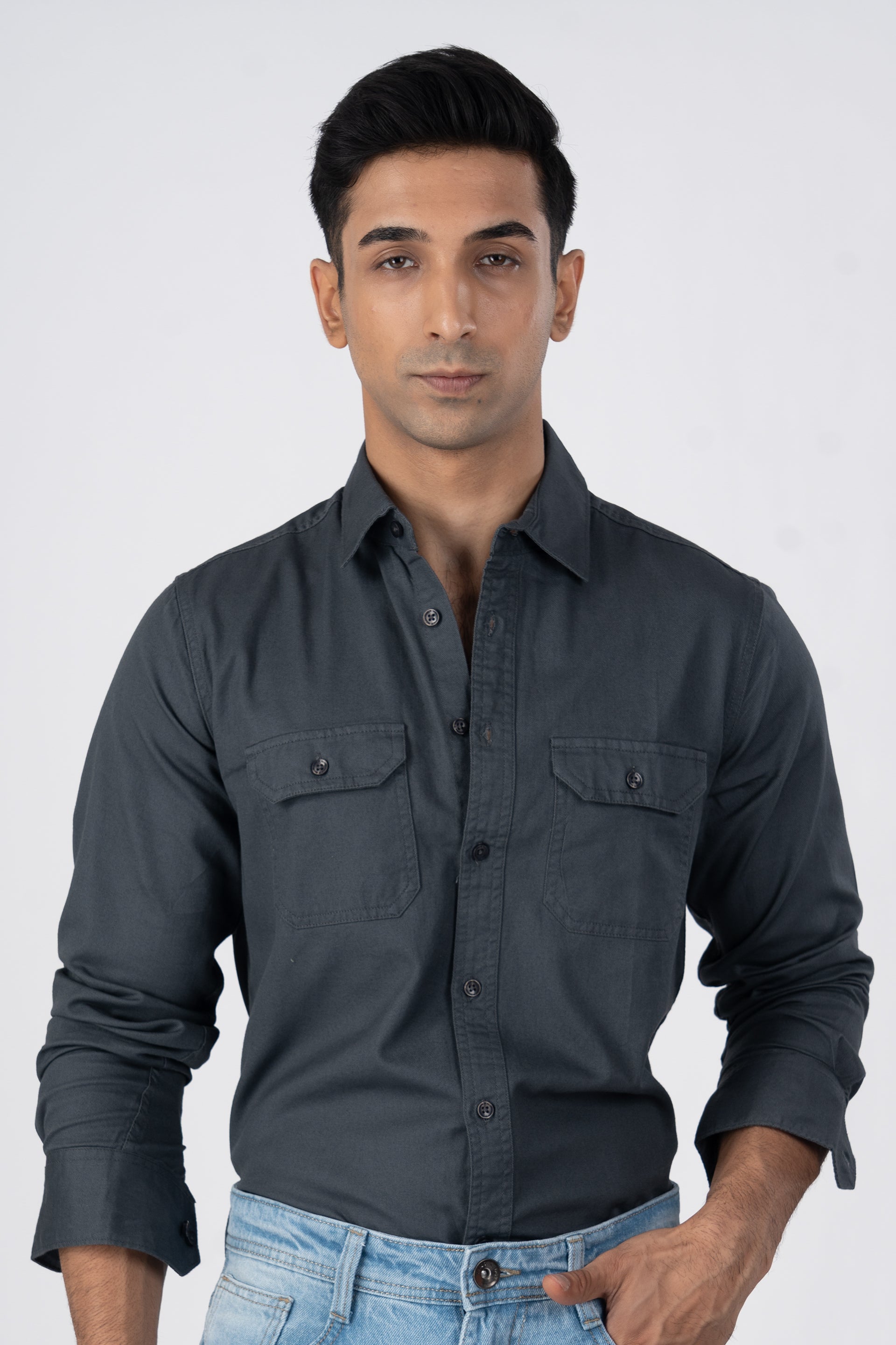 Classic Cotton Cargo Shirt In Grey