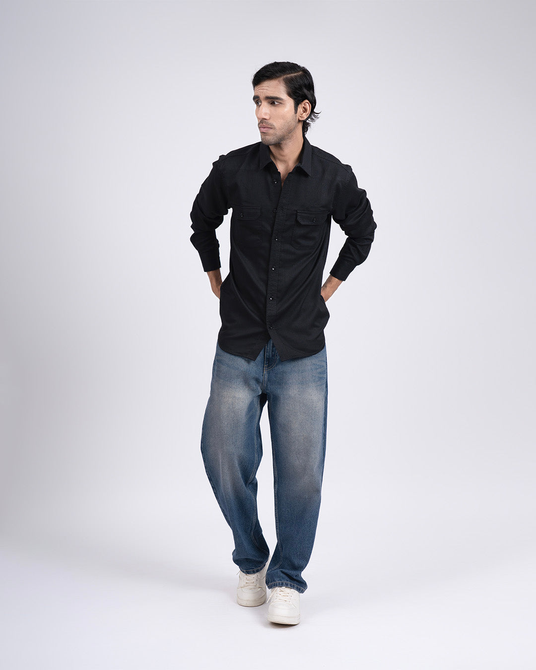 Easy Iron Cord Cargo Shirt In Black