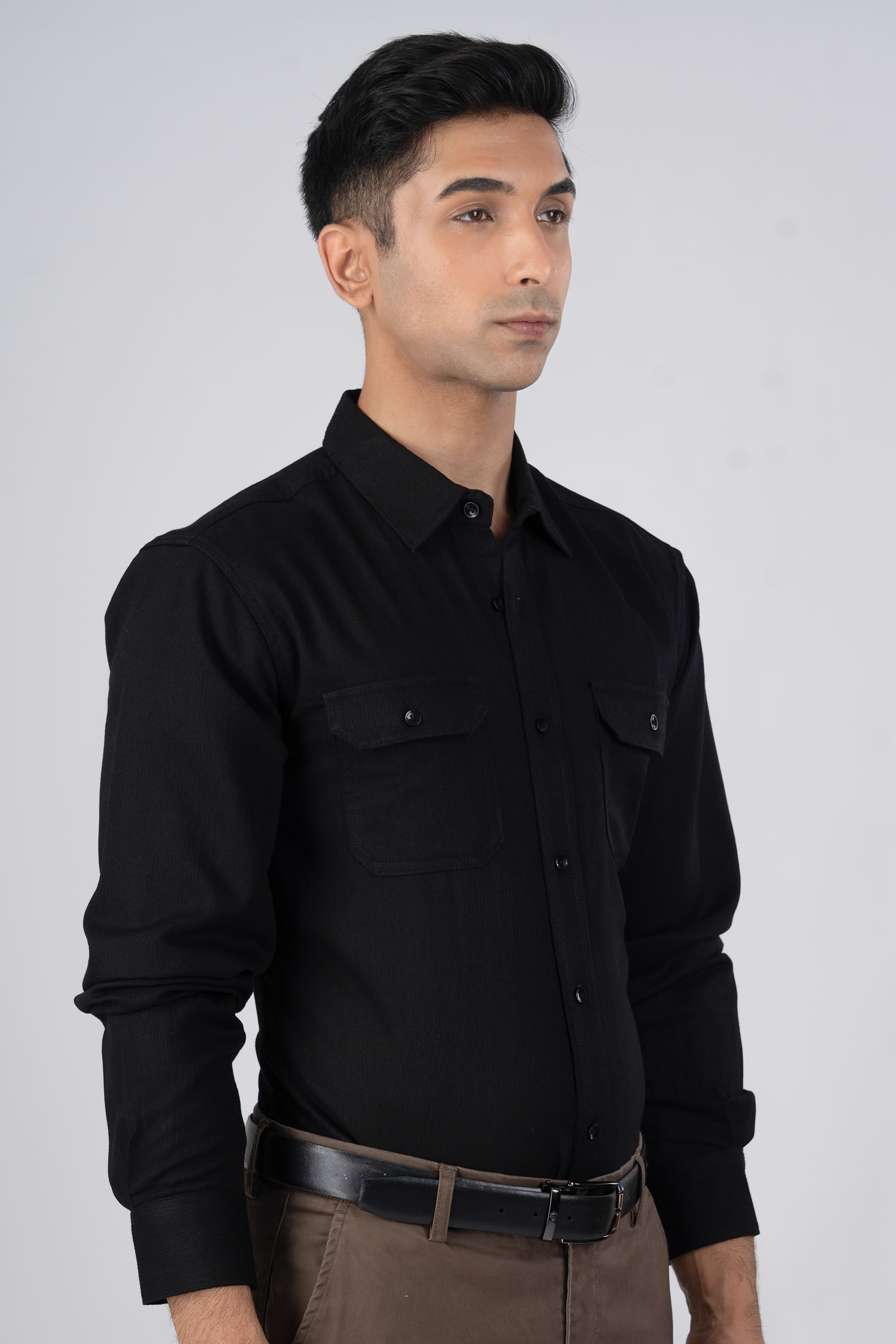 Easy Iron Cord Cargo Shirt In Black