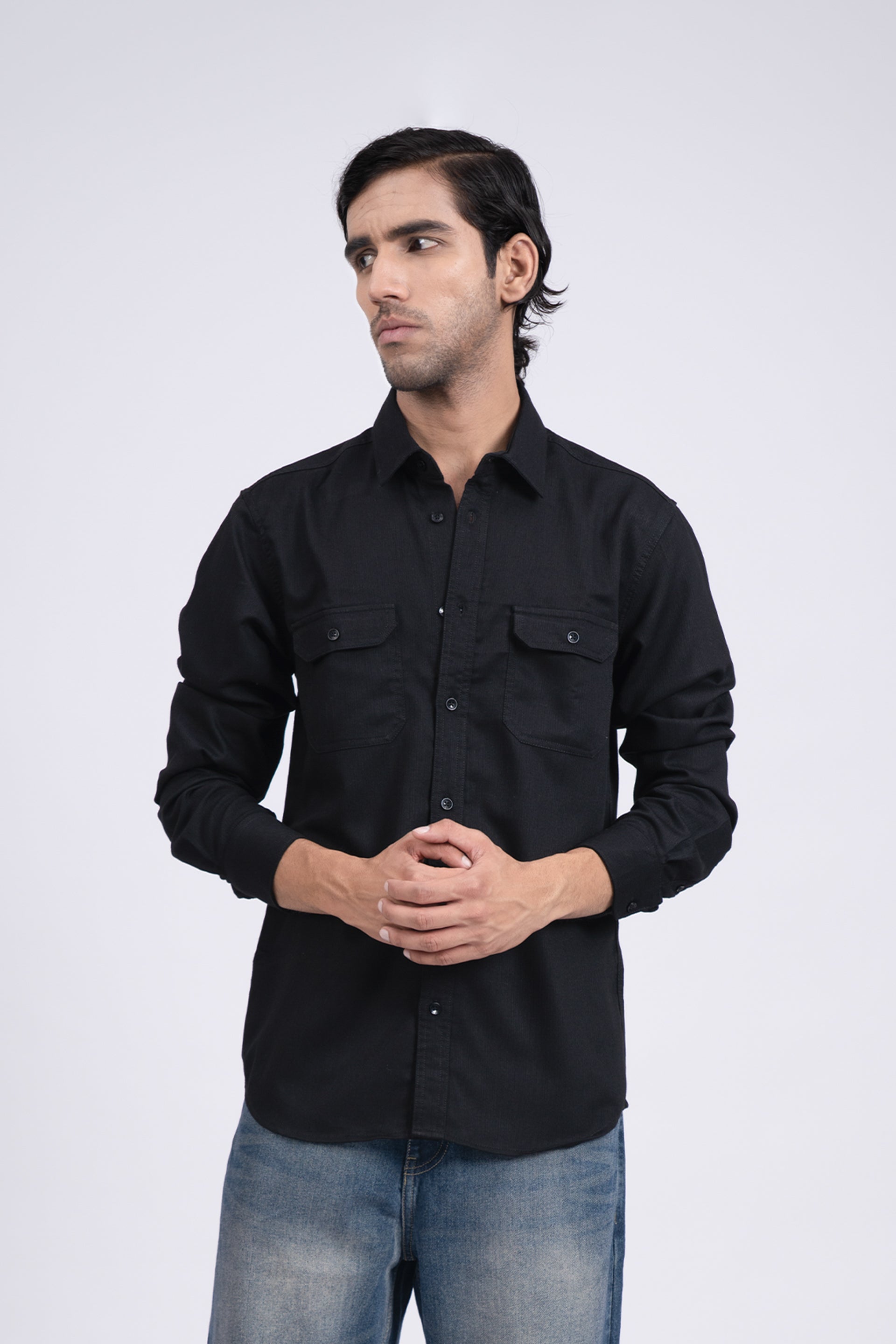 Easy Iron Cord Cargo Shirt In Black