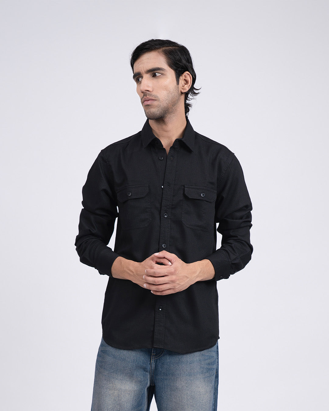 Easy Iron Cord Cargo Shirt In Black
